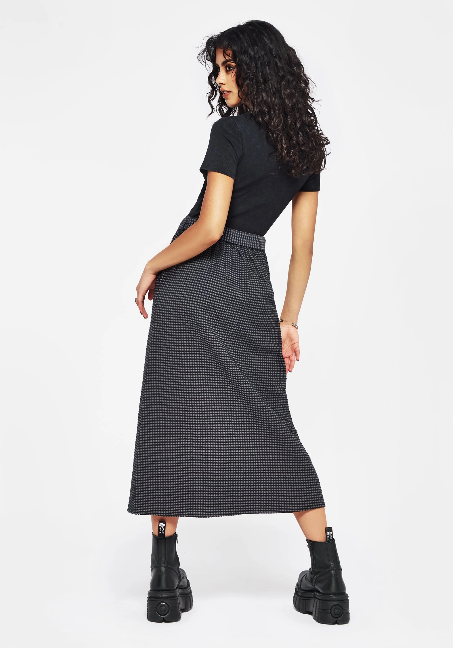 Low Rise Faythe Cotton Check Button Up Midi Skirt