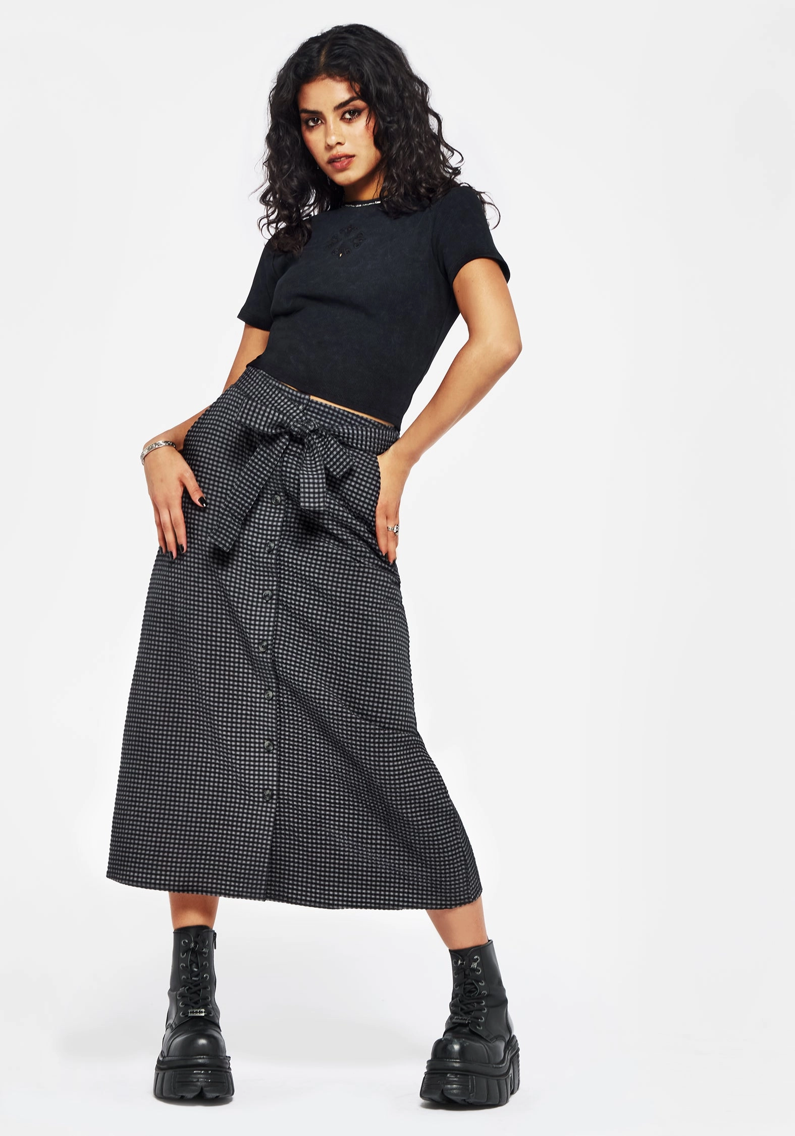 Faythe Cotton Check Button Up Midi Skirt Full Circle