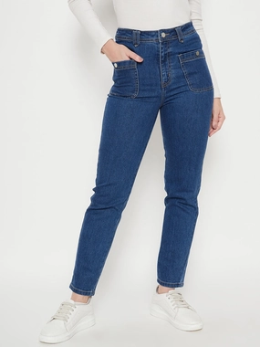 Multi Purpose Pockets Weekend Warrior Adult Fashion Gym Ready Madame Women Solid Dark Blue Jeans