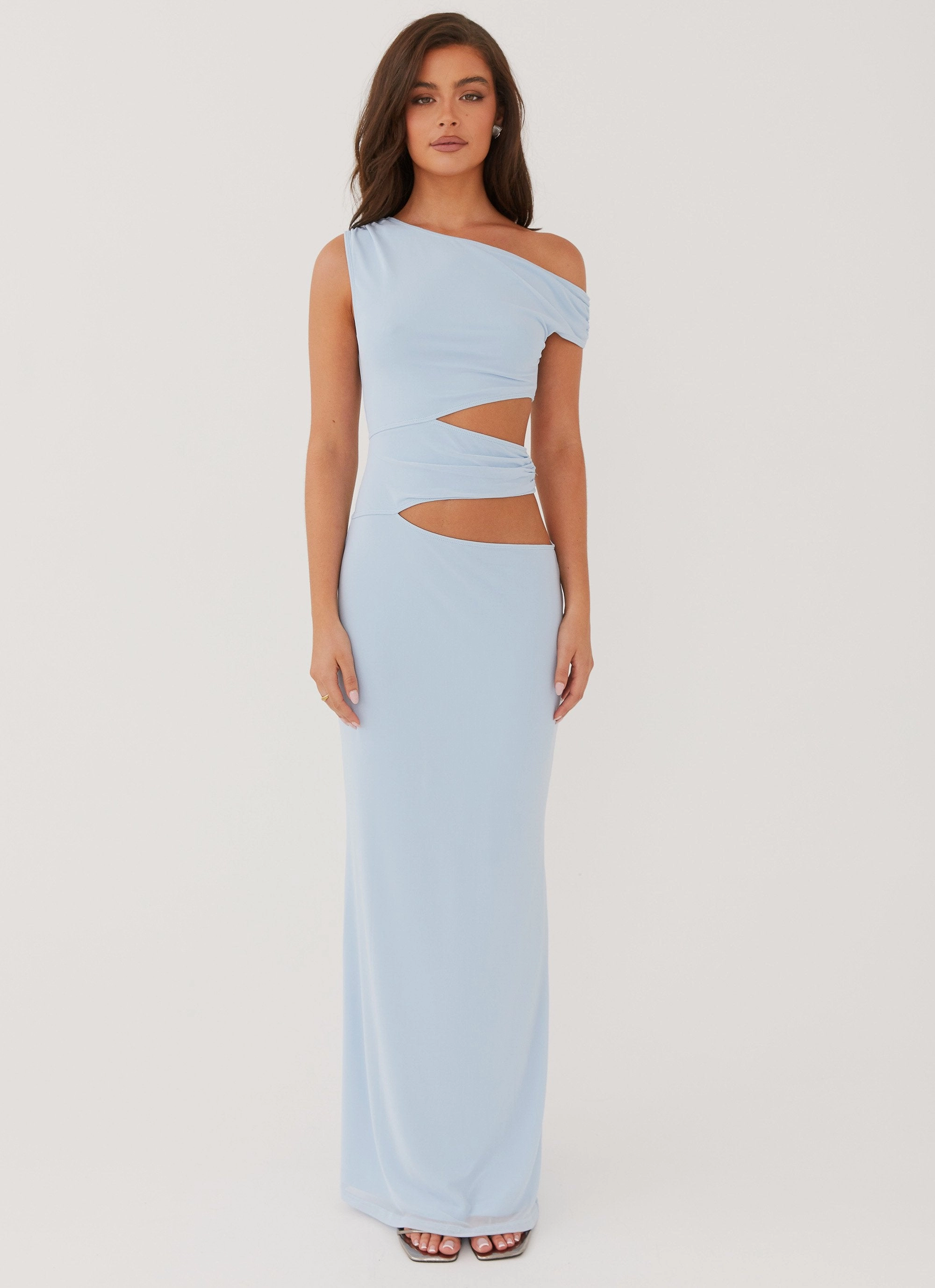 Shimmer-Finish Margot One Shoulder Maxi Dress - Sky Blue