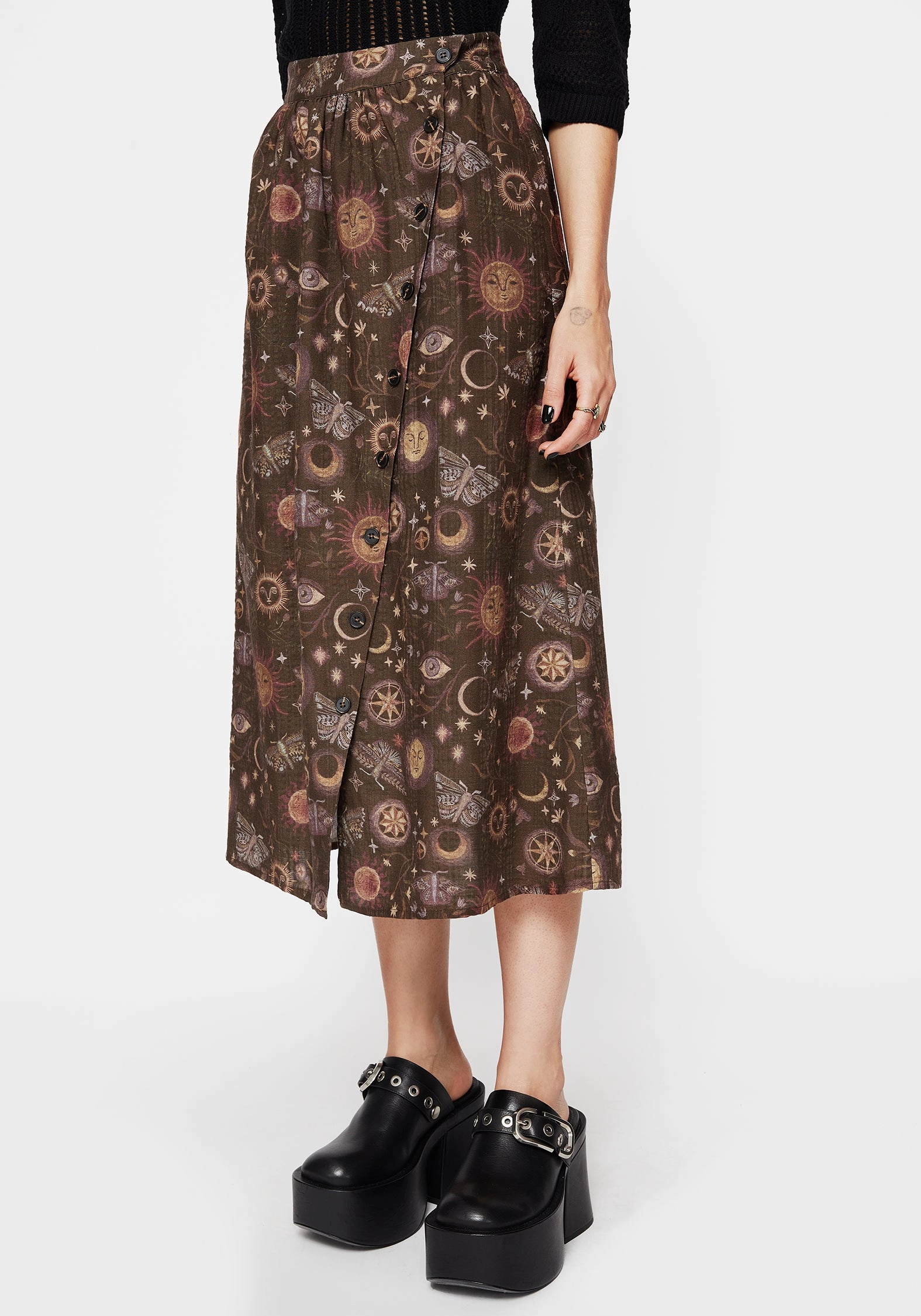 Light Motion Rhea Cotton Blend Moth and Moon Print Midaxi Skirt
