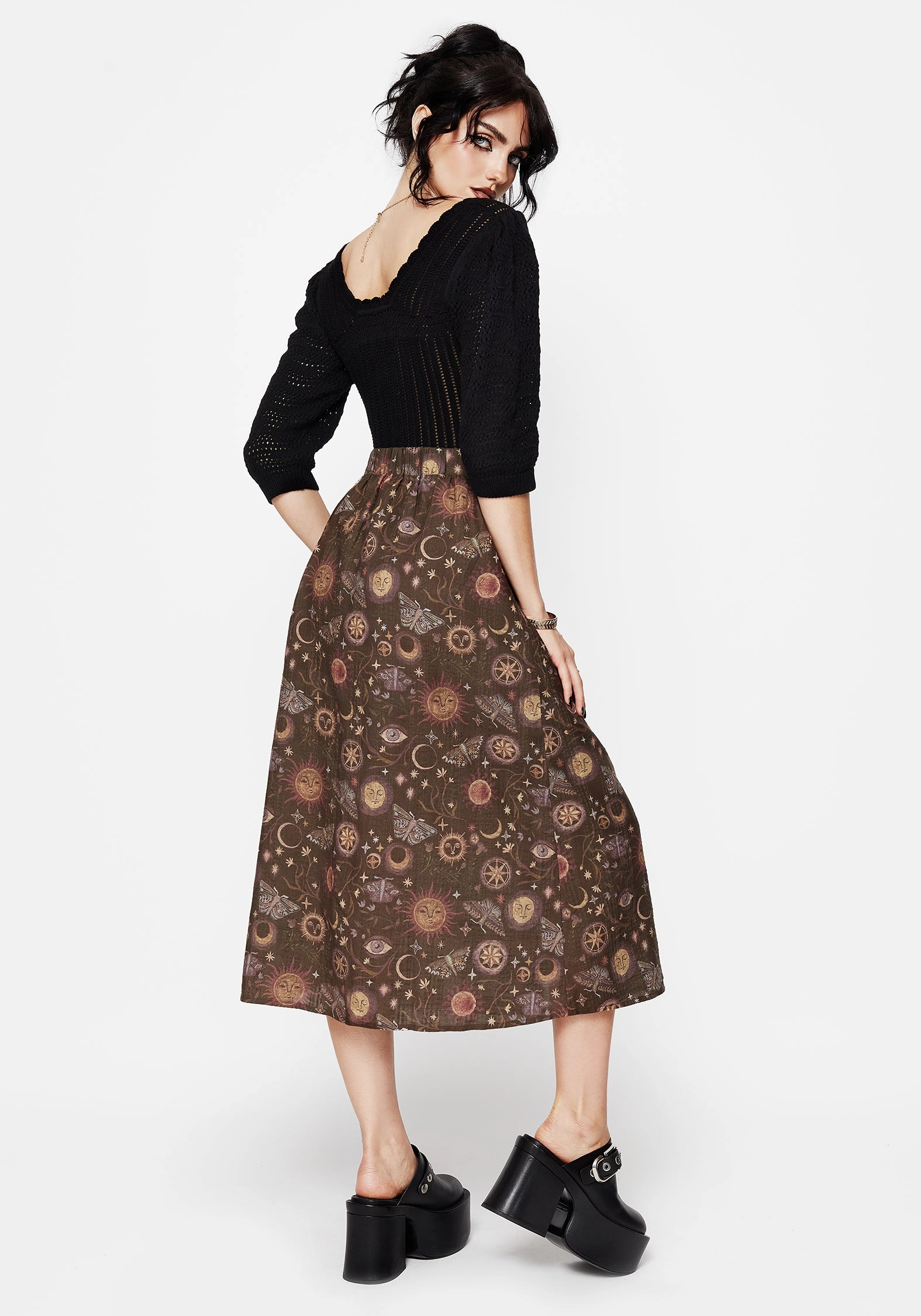 Flow Look Recycled Polyester Rhea Cotton Blend Moth and Moon Print Midaxi Skirt