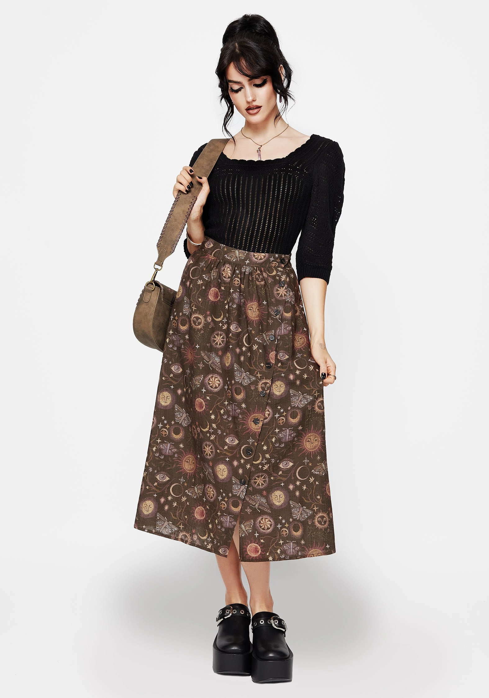 Clean Fit Rhea Cotton Blend Moth and Moon Print Midaxi Skirt