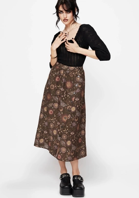 Luxury Trim Rhea Cotton Blend Moth and Moon Print Midaxi Skirt