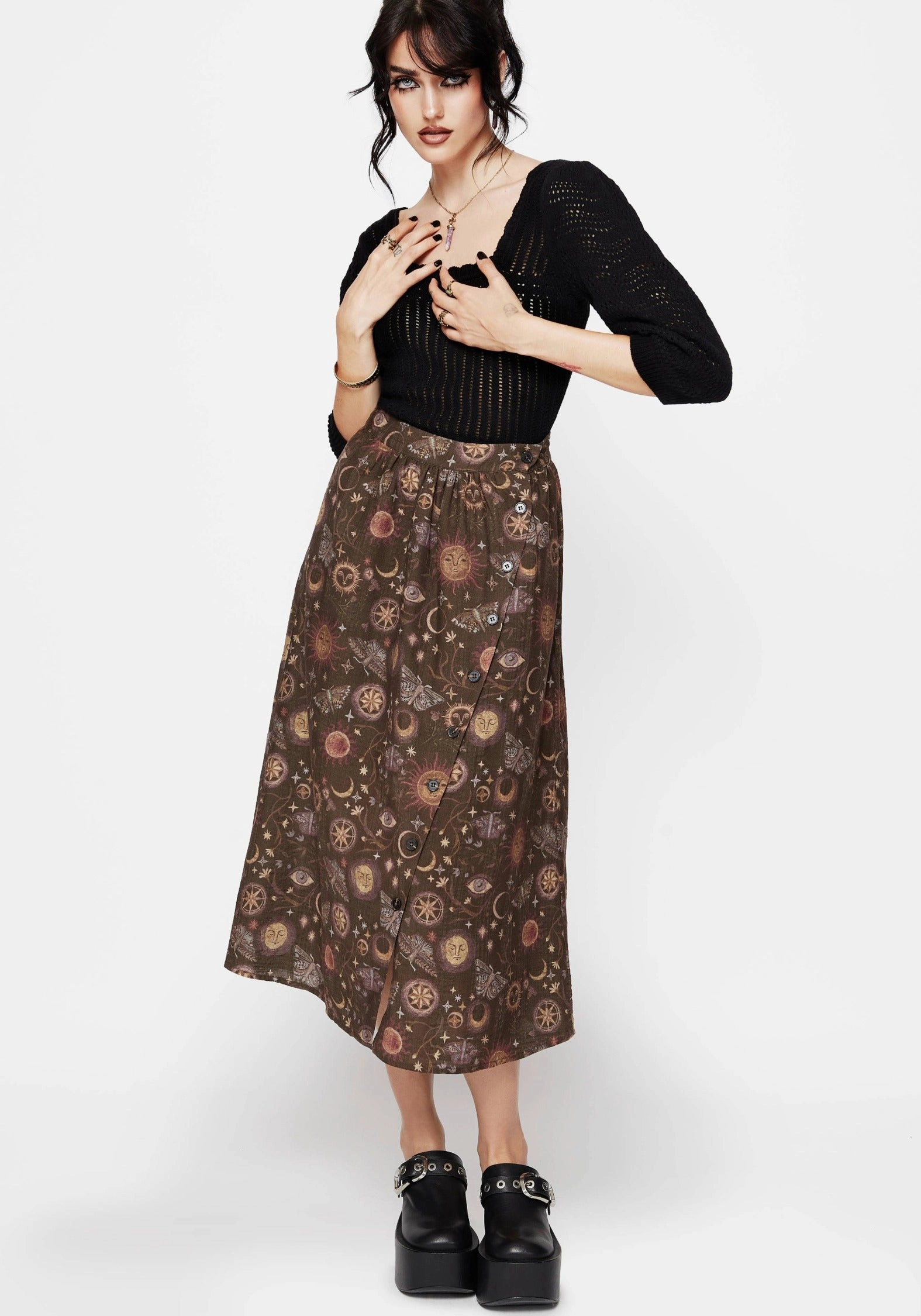 Luxury Trim Rhea Cotton Blend Moth and Moon Print Midaxi Skirt