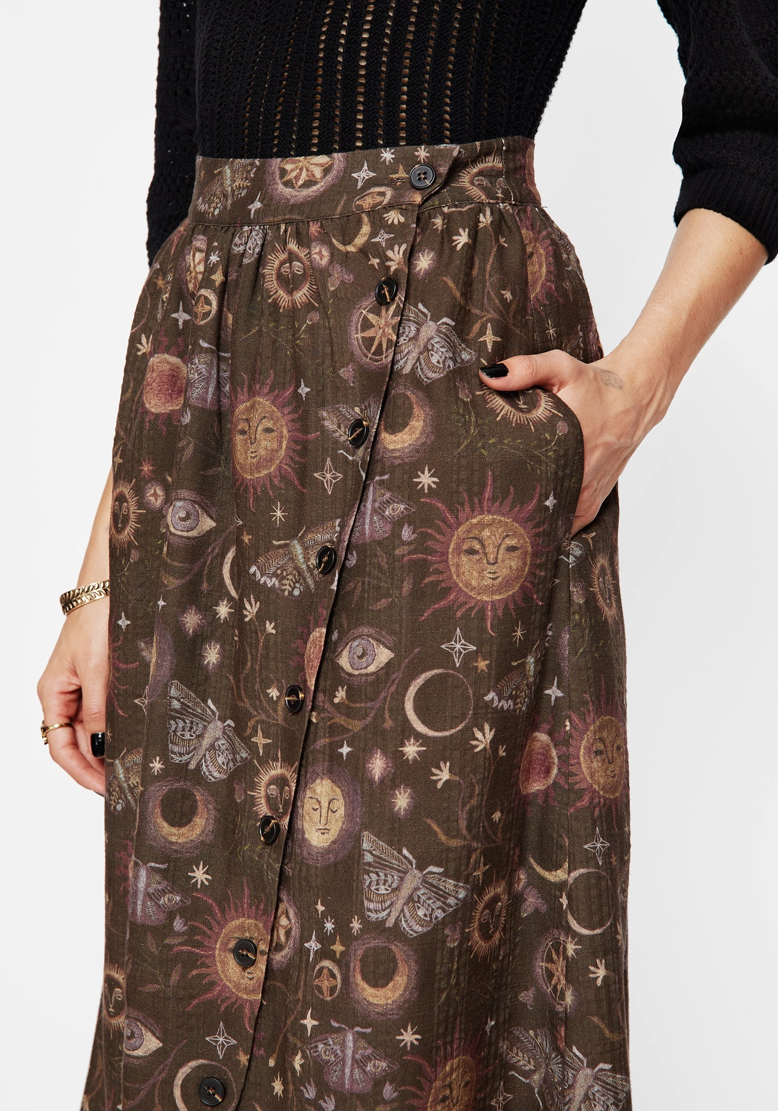 Rhea Cotton Blend Moth and Moon Print Midaxi Skirt Sustainable Innovation Slip Resistant Waistband