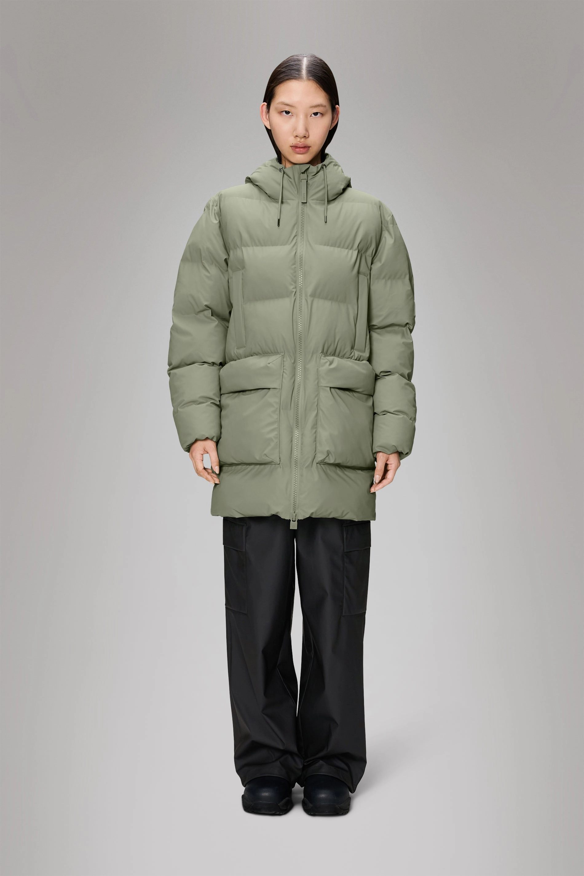 WaterRepellent Finish Adjustable Cuffs Alta Long Puffer Cargo Jacket