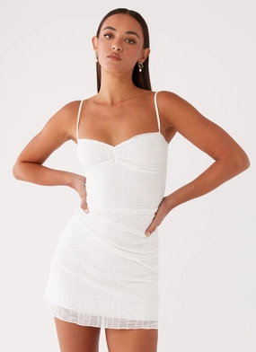 Satin-Edge Mesh-Sleeve Arden Mesh Mini Dress - White