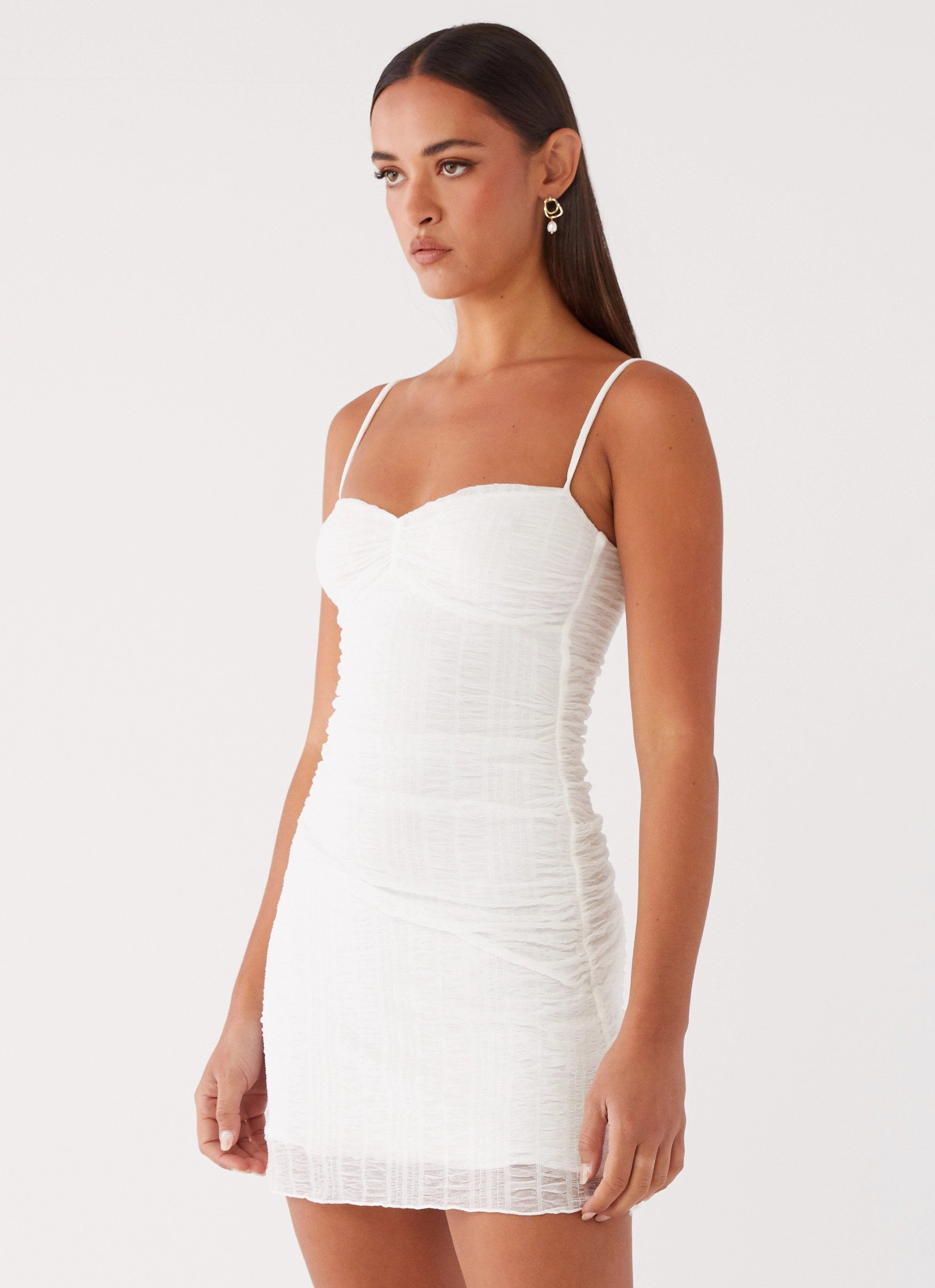 Timeless Waistband Fit Arden Mesh Mini Dress - White