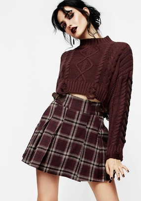 button detail Slip Resistant Waist Bramble Check Pleated Mini Skirt