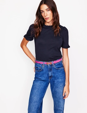 Eco Conscious Dye Process Supersoft Frill Detail T-shirt-Navy