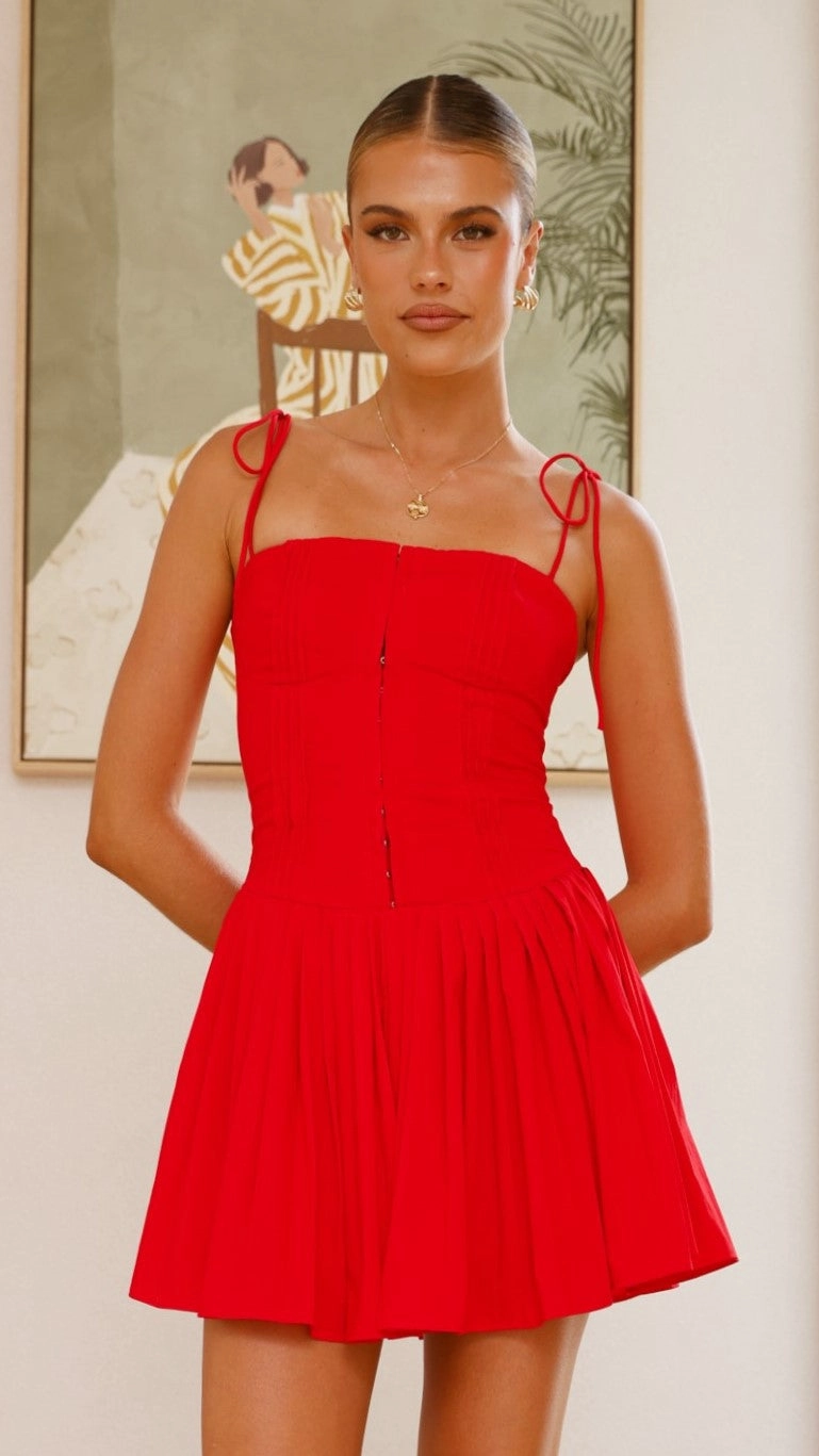 Bethi Mini Dress - Red Office Shape Lounge Outfit