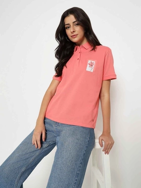 Madame Graphic Print Adorned Cotton Blend Coral Polo T-shirt Layered Comfort