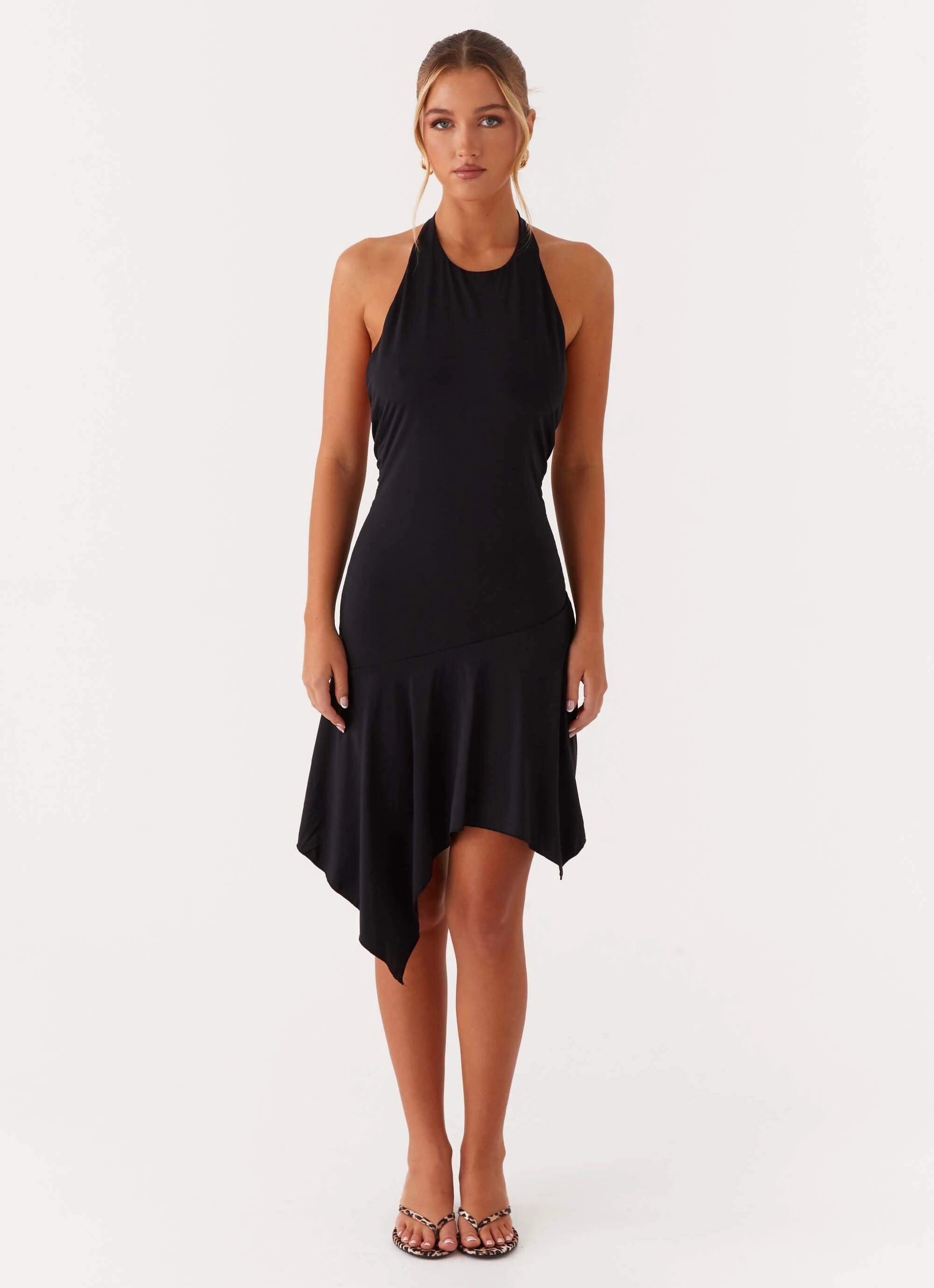 Lilyana Low Back Halter Midi Dress - Black Cozy Cut Trendy Fit Look