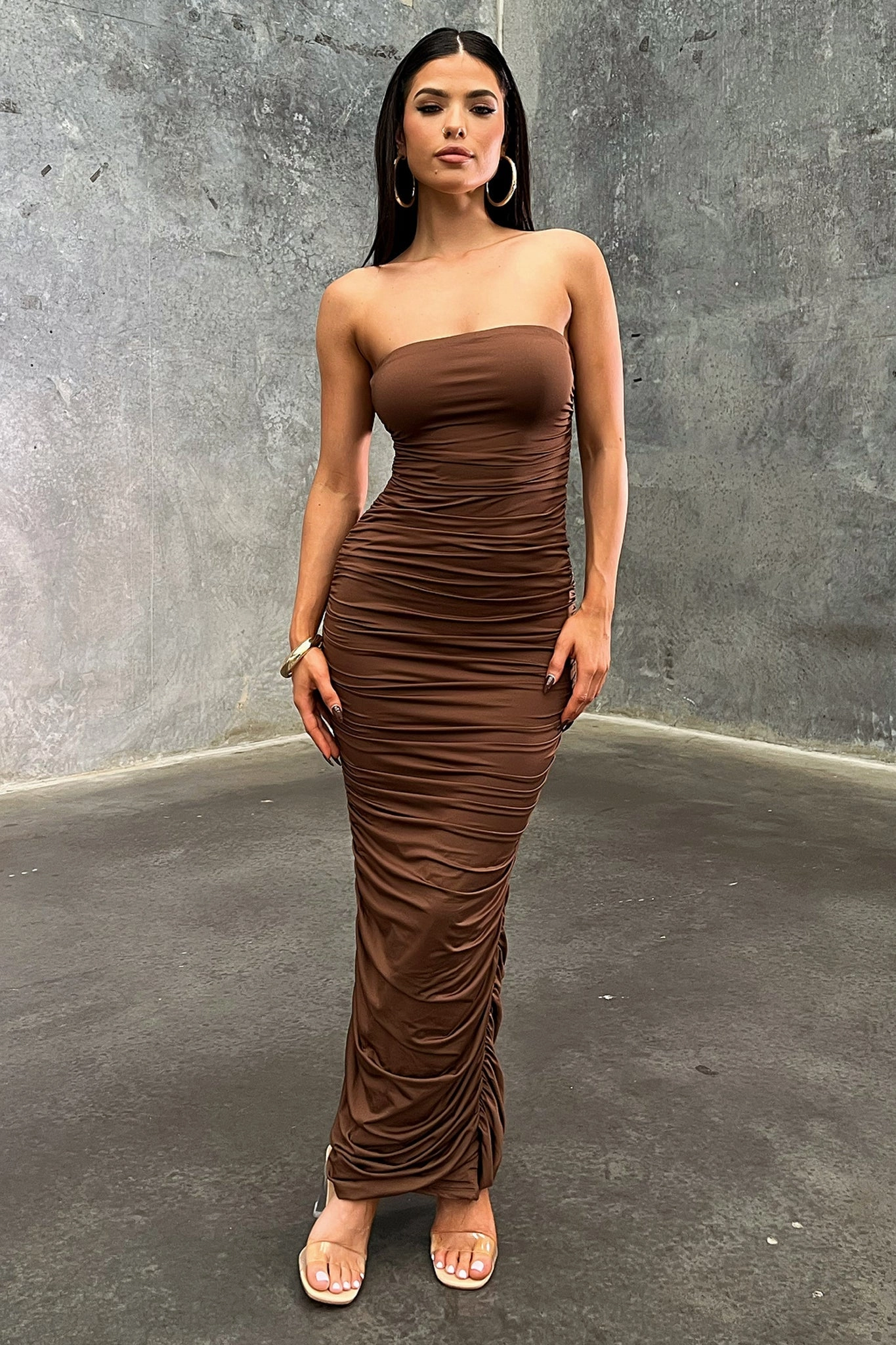Tonic Maxi Dress - Brown Blush Glow High Hemline