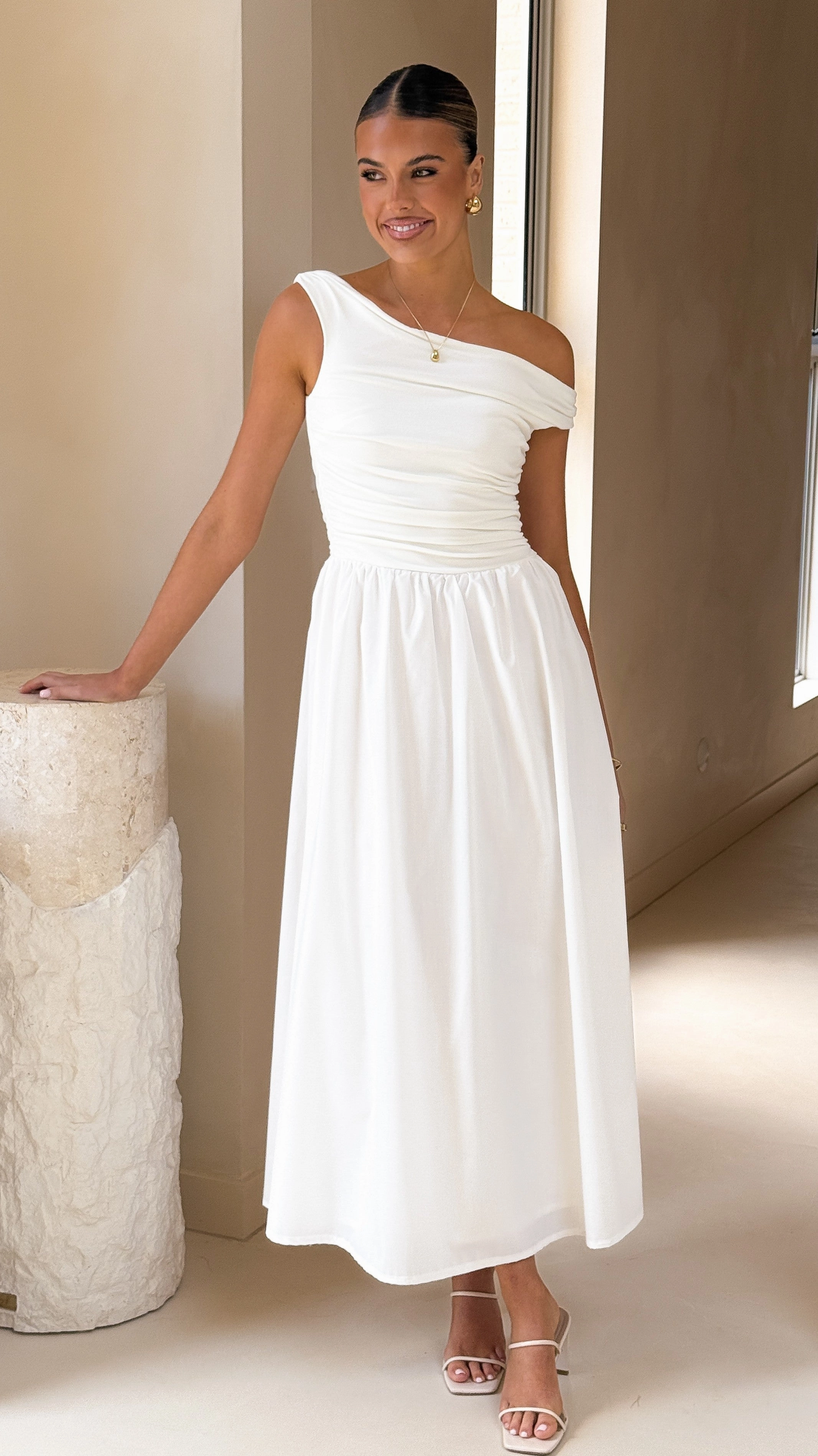 Mid Season Flattering Waist Fit Immy Midi Dress - White