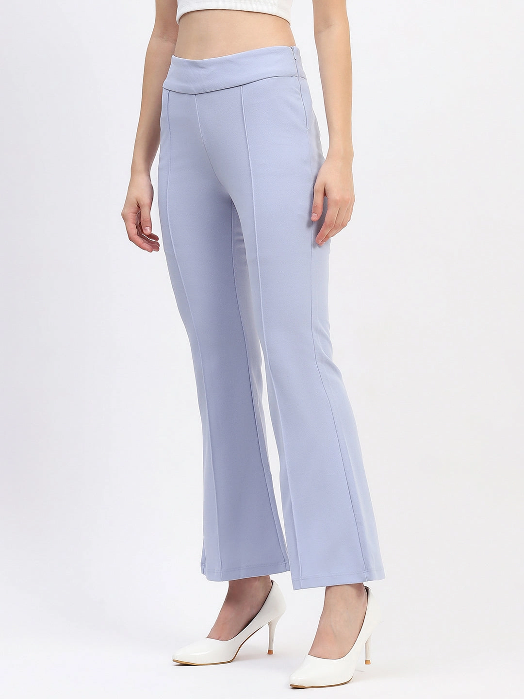 Active Wear Chilly Weather Wear Madame Pleated Elasticated Waist Solid Sky Trousers