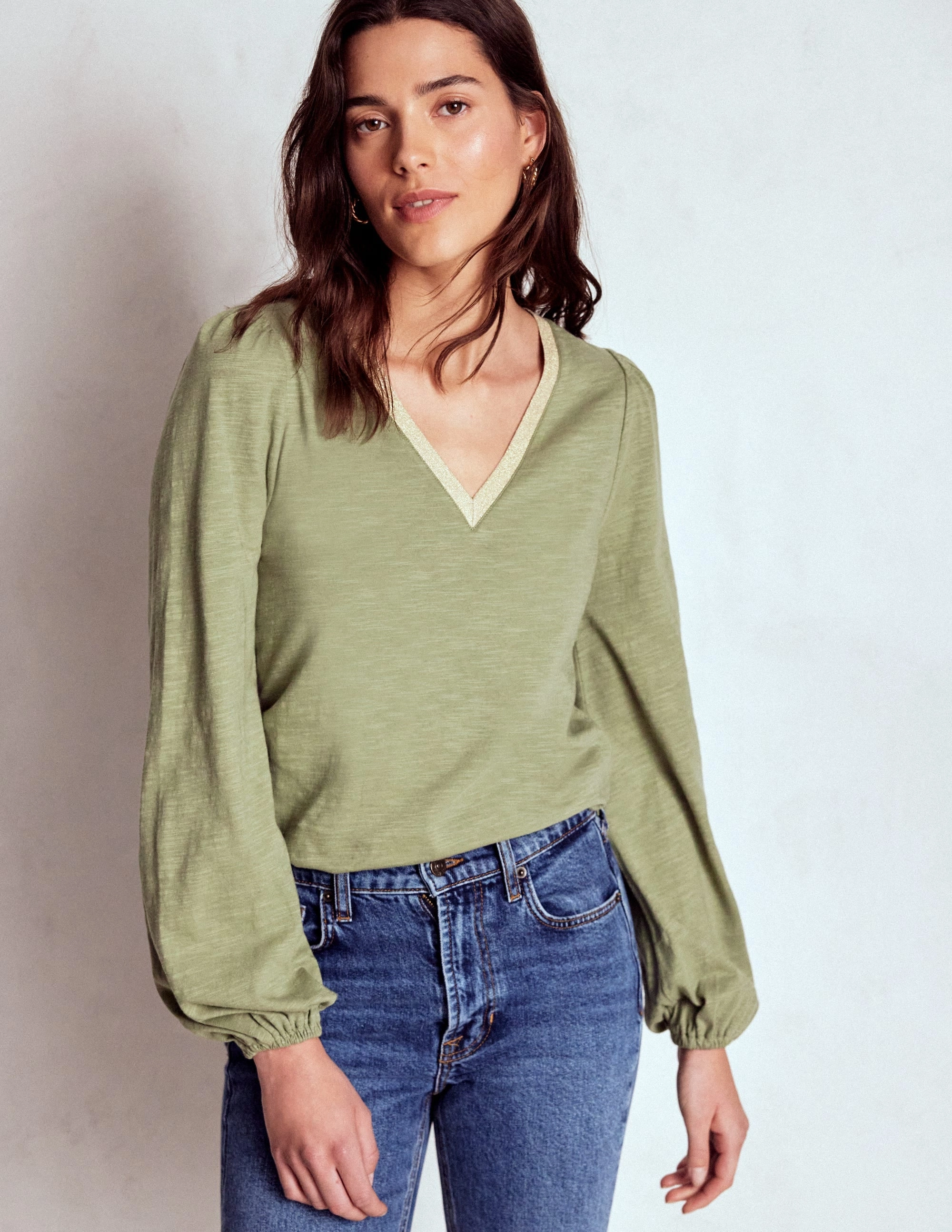 Weighted Hem Trim EthicallySourced Metallic Trim Long Sleeve Top-Larch Green