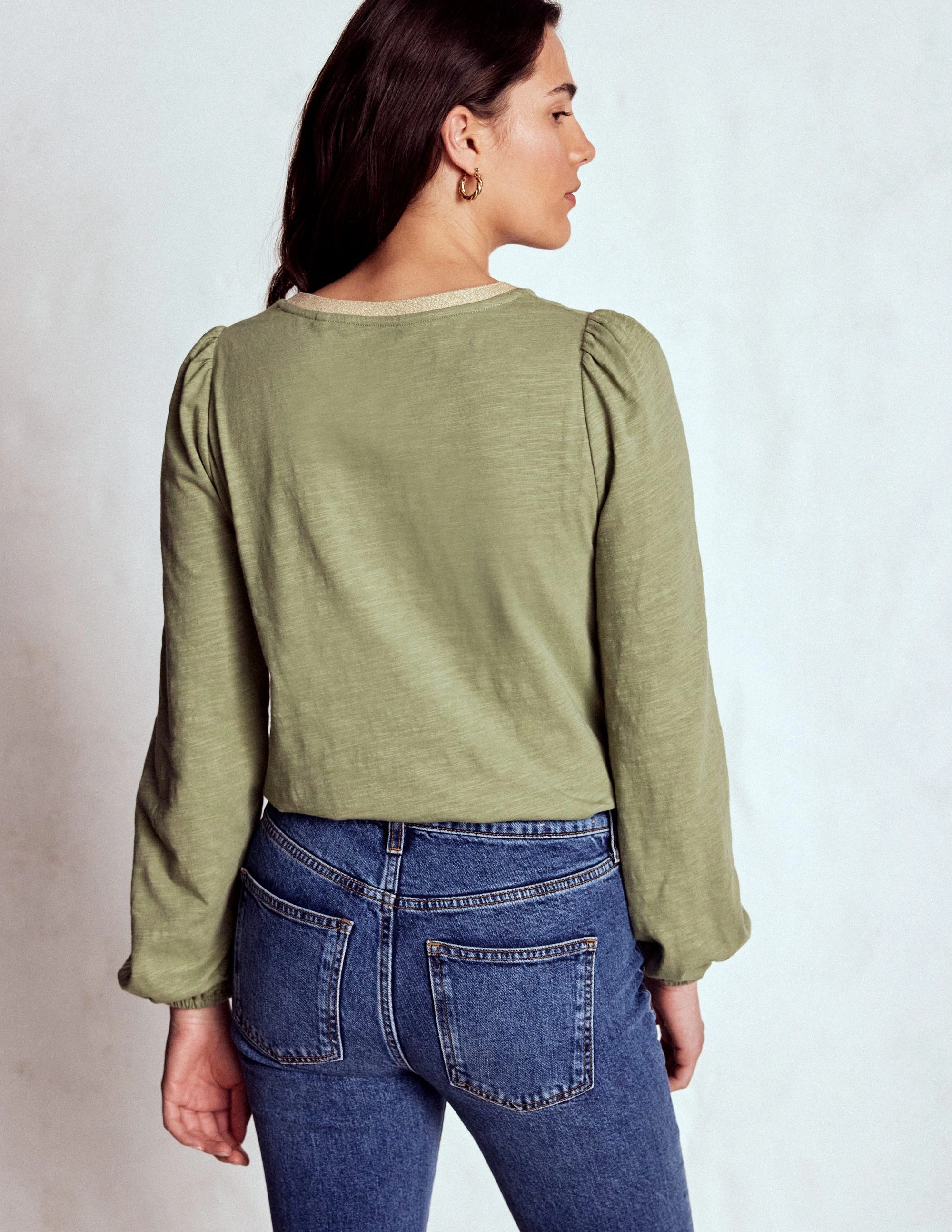FlexibleMobility Casual Jacket Metallic Trim Long Sleeve Top-Larch Green