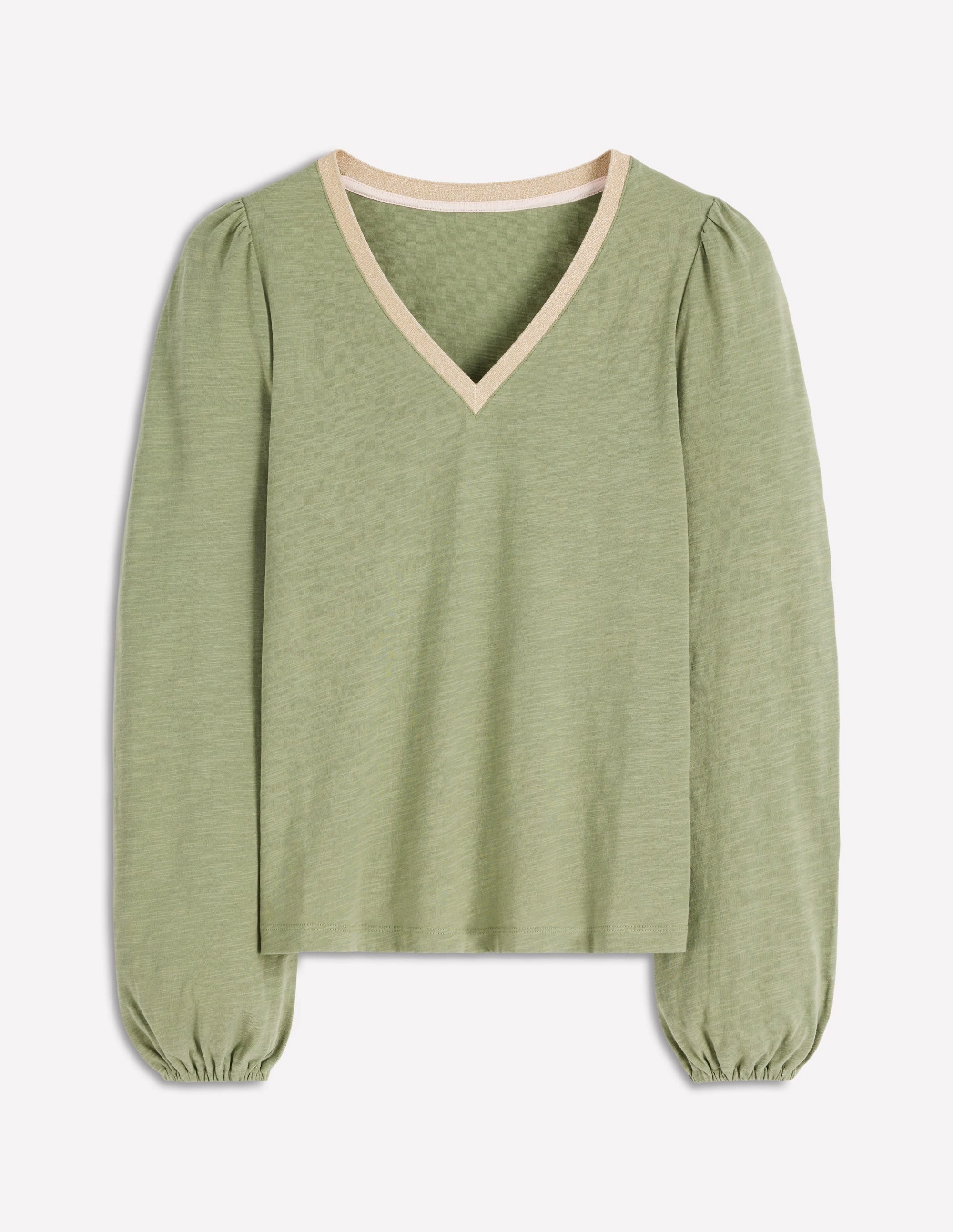 Metallic Trim Long Sleeve Top-Larch Green Ribbed Knit Fabric QuickReleaseFastenings