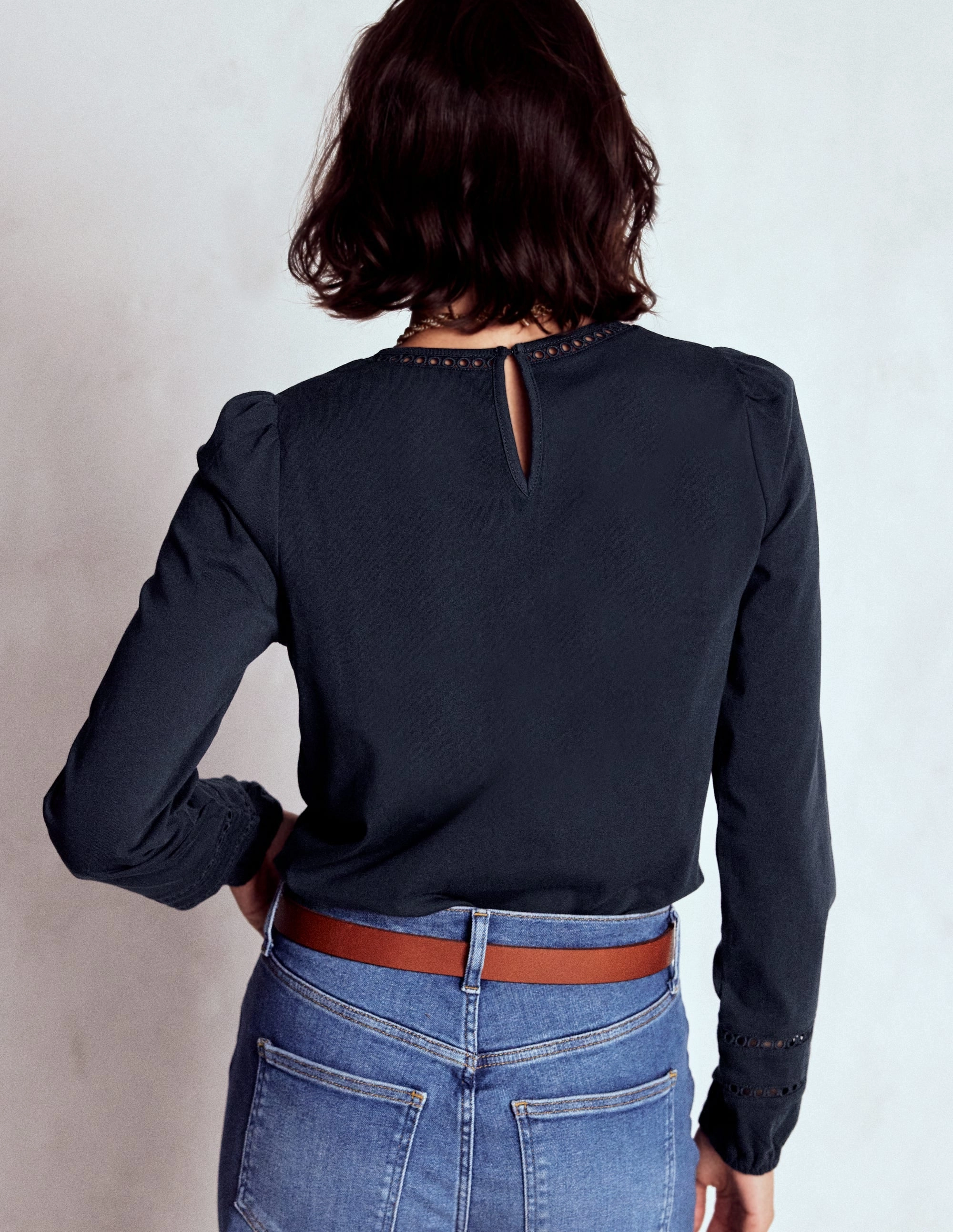 Bonded Hemline Flo Trim Detail Top-Navy