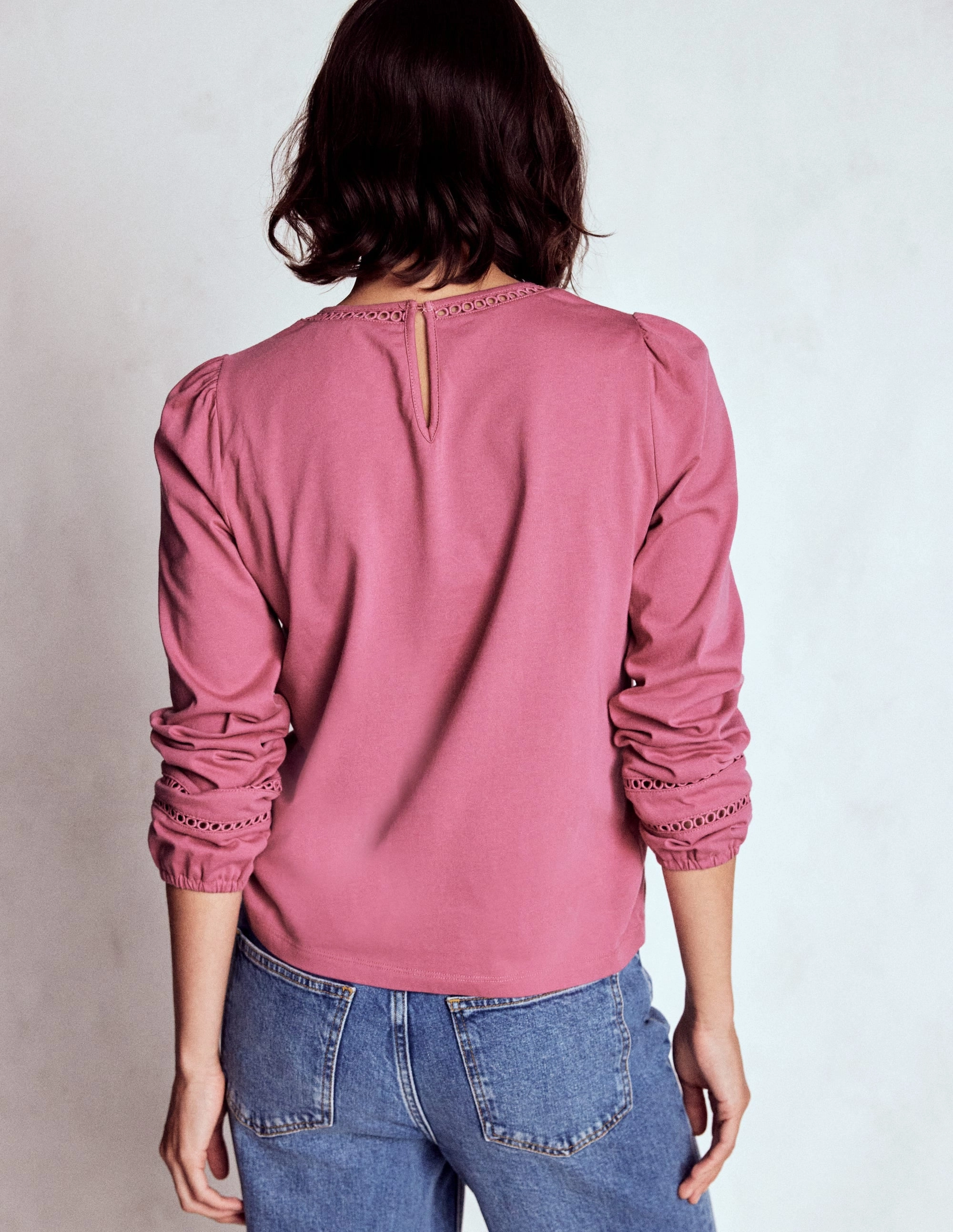 Soft Knit Weighted Hem Design Flo Trim Detail Top-Pink Heather