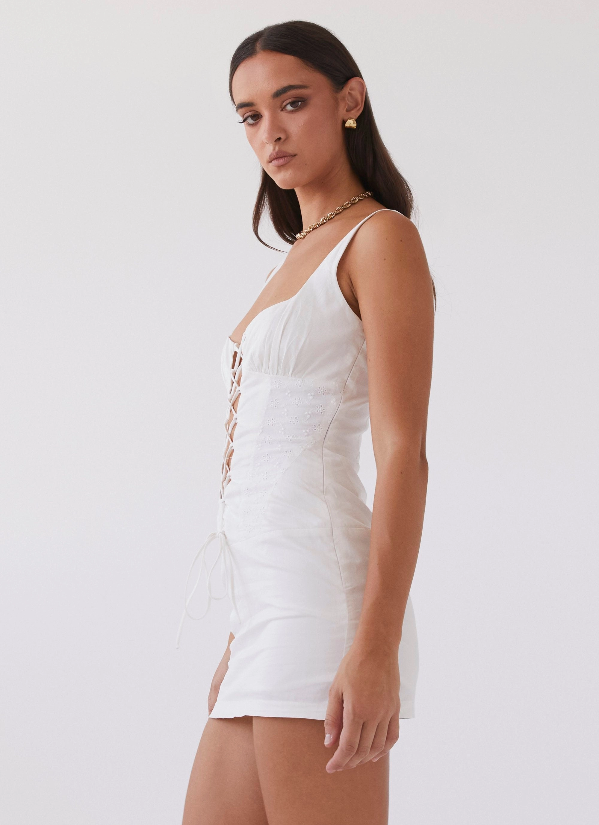 Casey Lace Up Mini Dress - White Grace Base