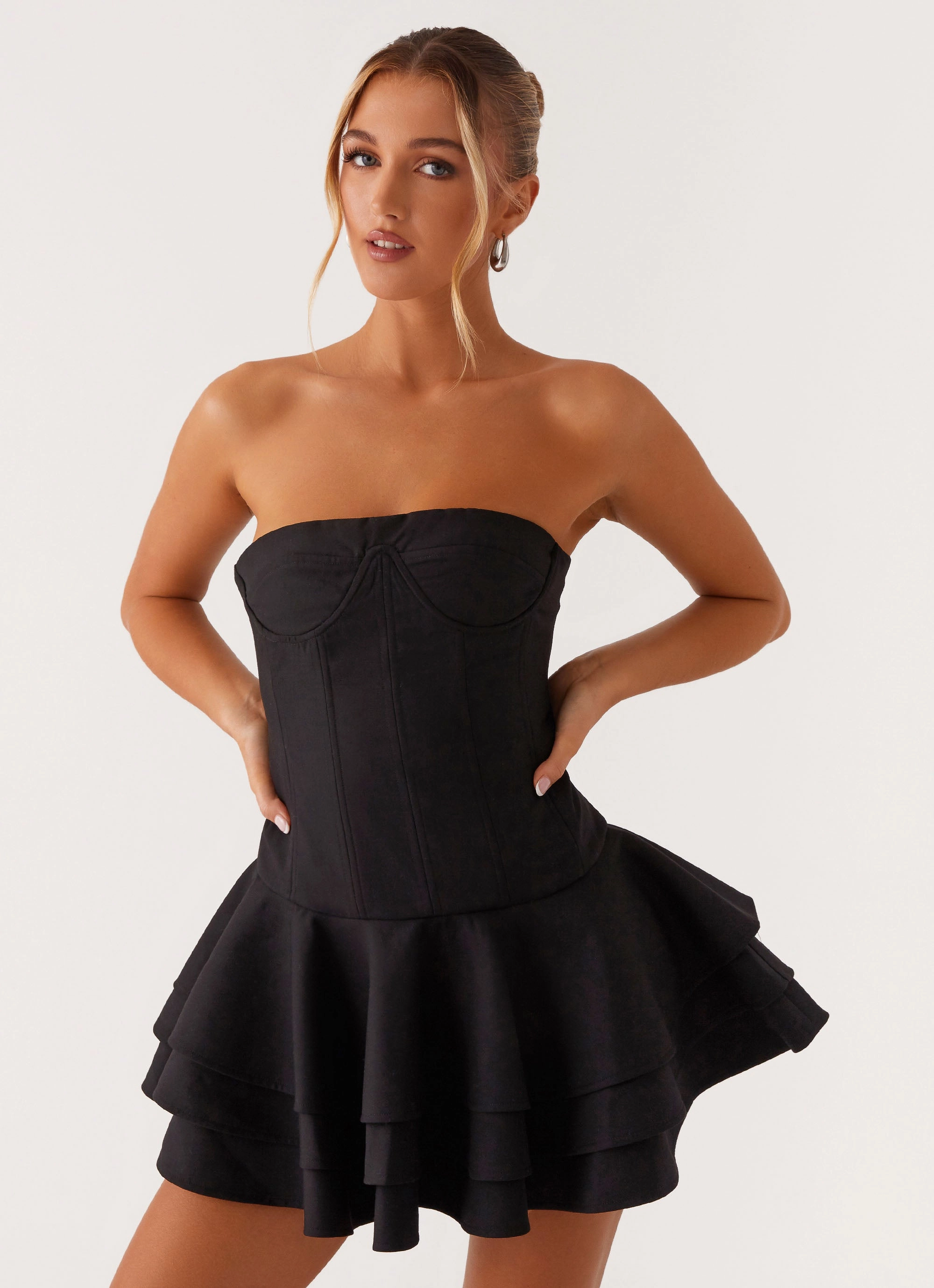 Sculpted Detail Scoop-Neck Floriana Ruffle Corset Mini Dress - Black