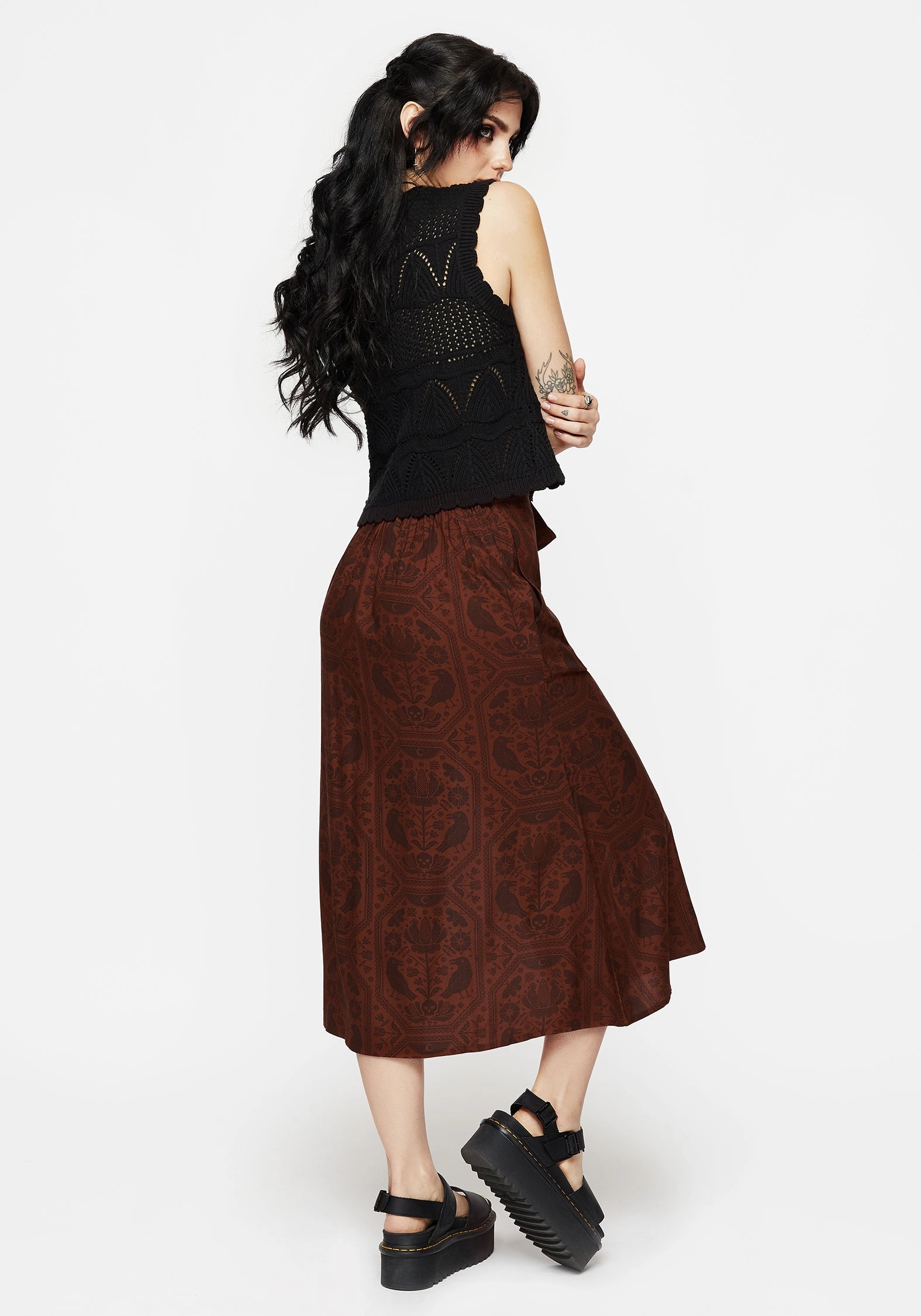 Urban Fit Annabel Raven Print Split Front Midi Skirt - Rust