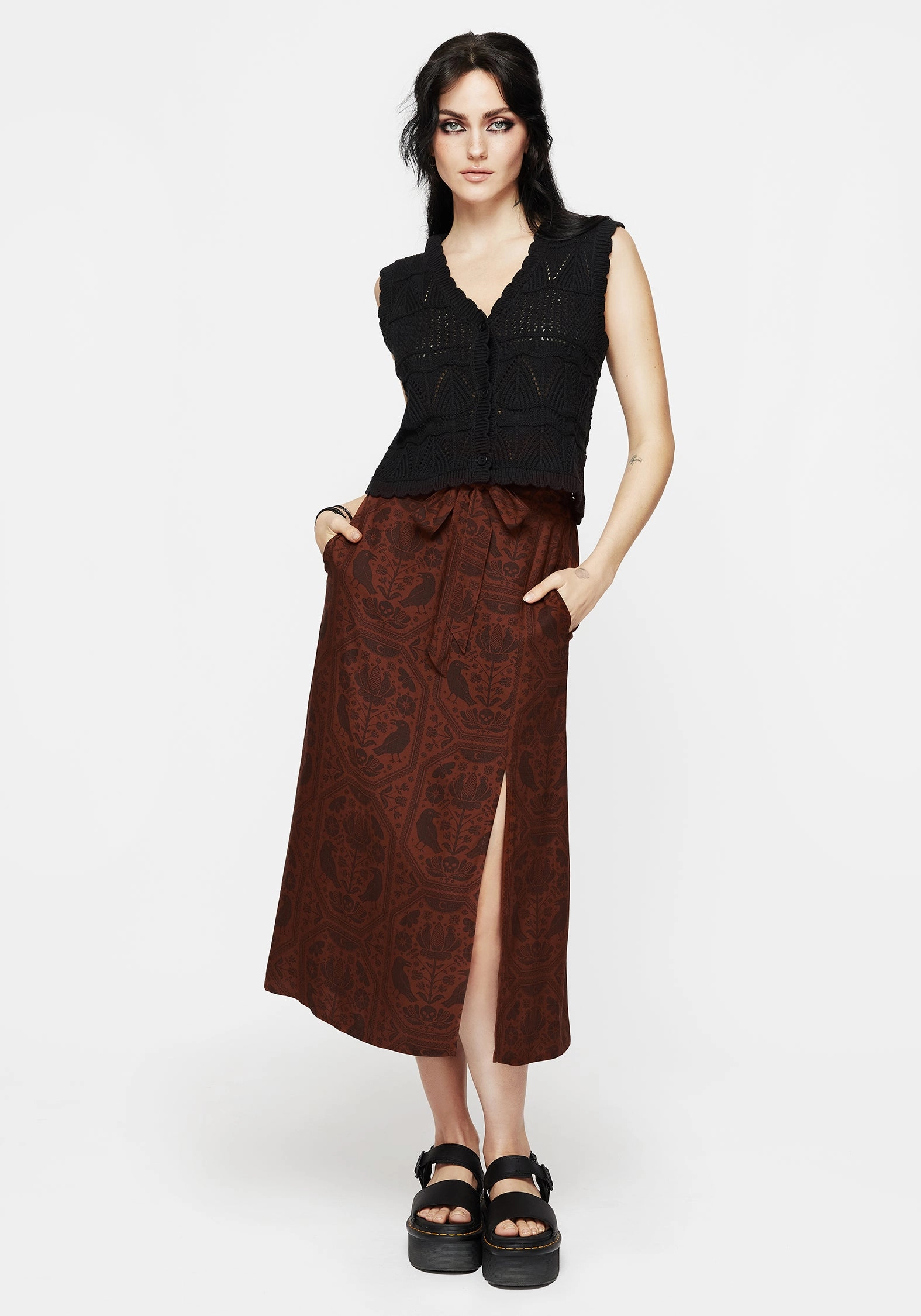 Playful Vibe Natural Look Annabel Raven Print Split Front Midi Skirt - Rust