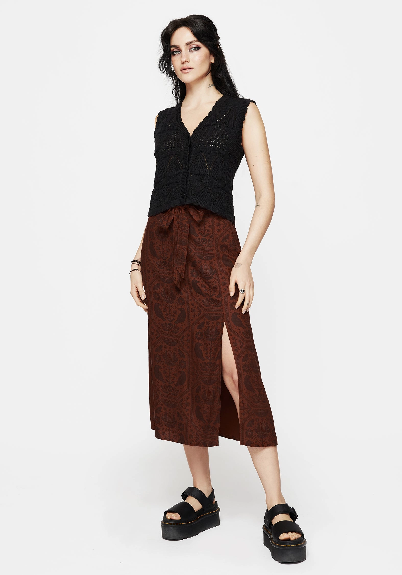 Foil Print Annabel Raven Print Split Front Midi Skirt - Rust
