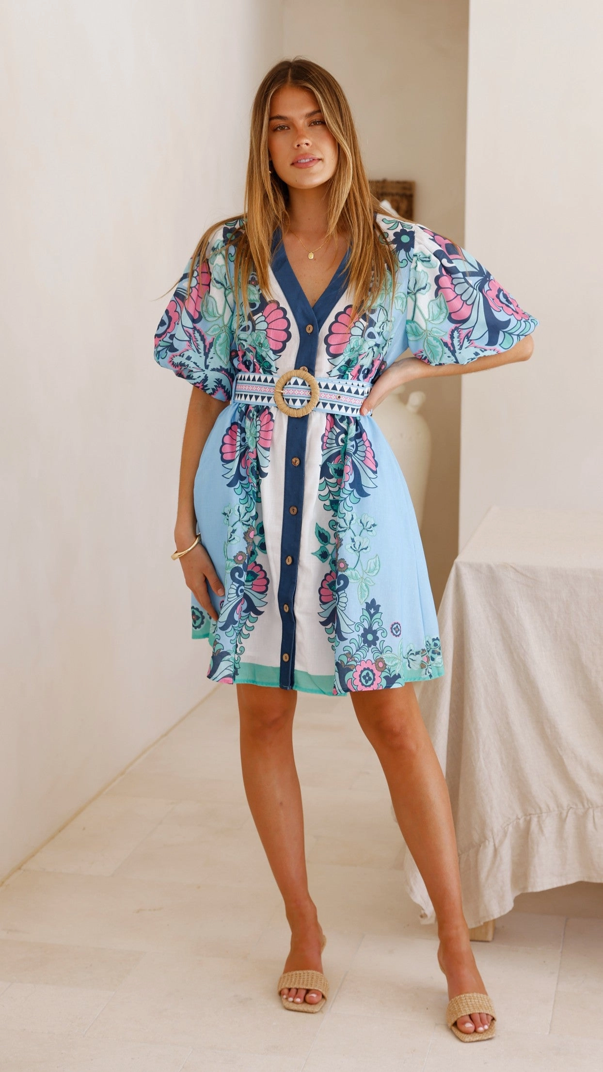 Flowing Fit Dali Mini Dress - Island Bloom Blue