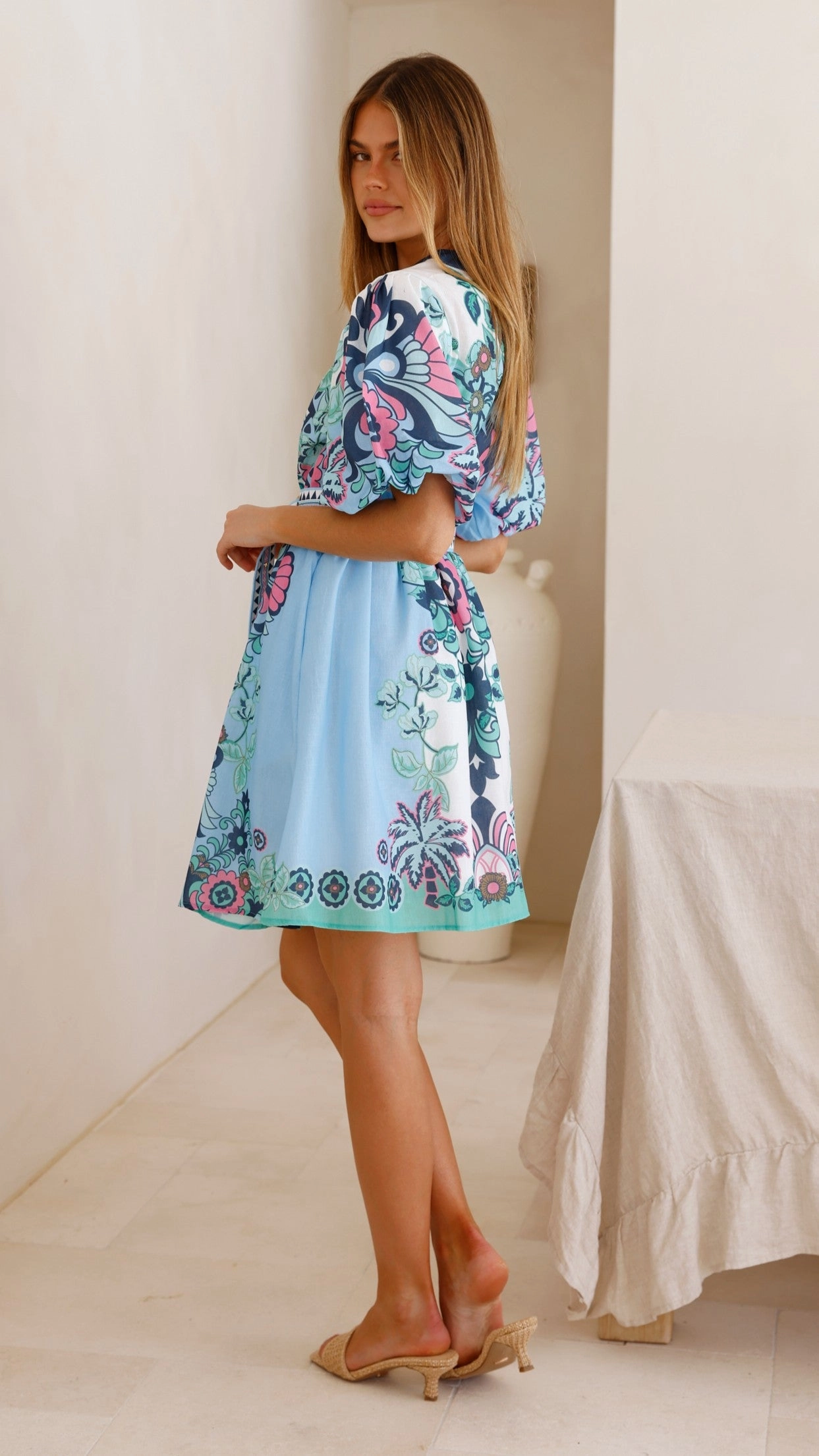 Dali Mini Dress - Island Bloom Blue Fresh Outfit Ribbed-Texture