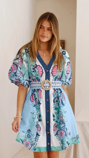 Easy Draping Dali Mini Dress - Island Bloom Blue