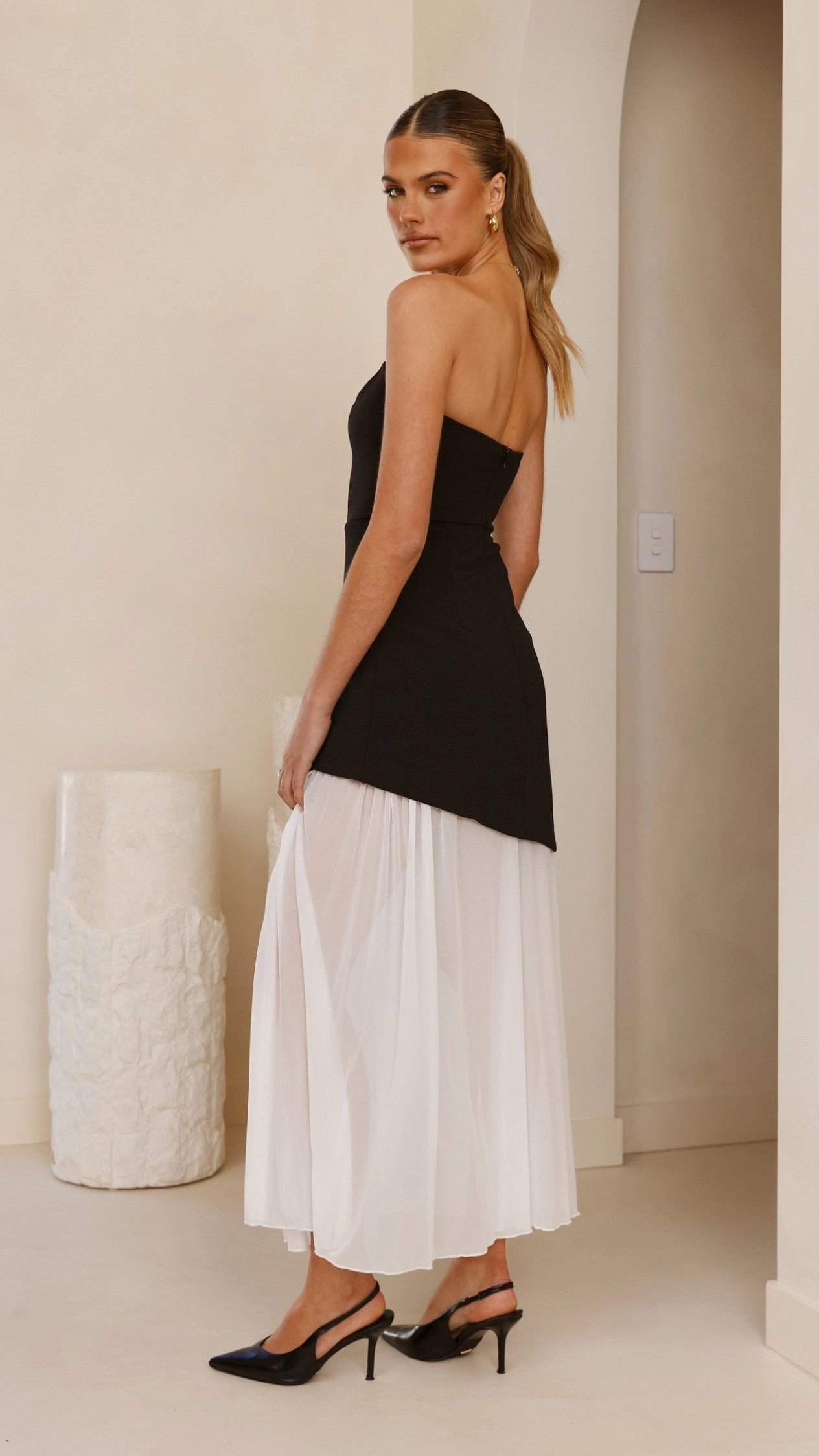 Fenella Asymmetrical Maxi Dress - Black / White Relaxed day dress Subtle Drape