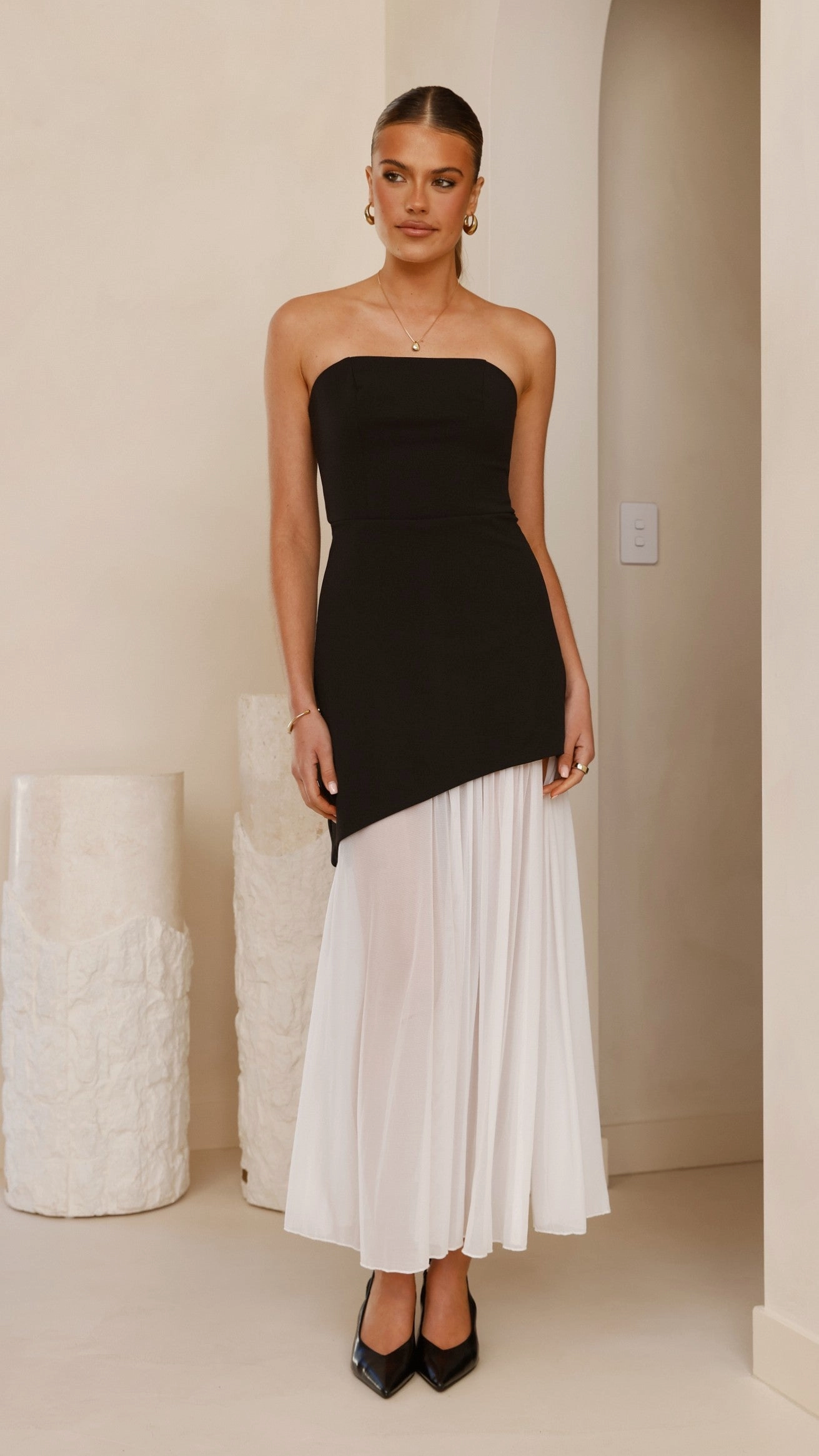 Youthful Look Fenella Asymmetrical Maxi Dress - Black / White