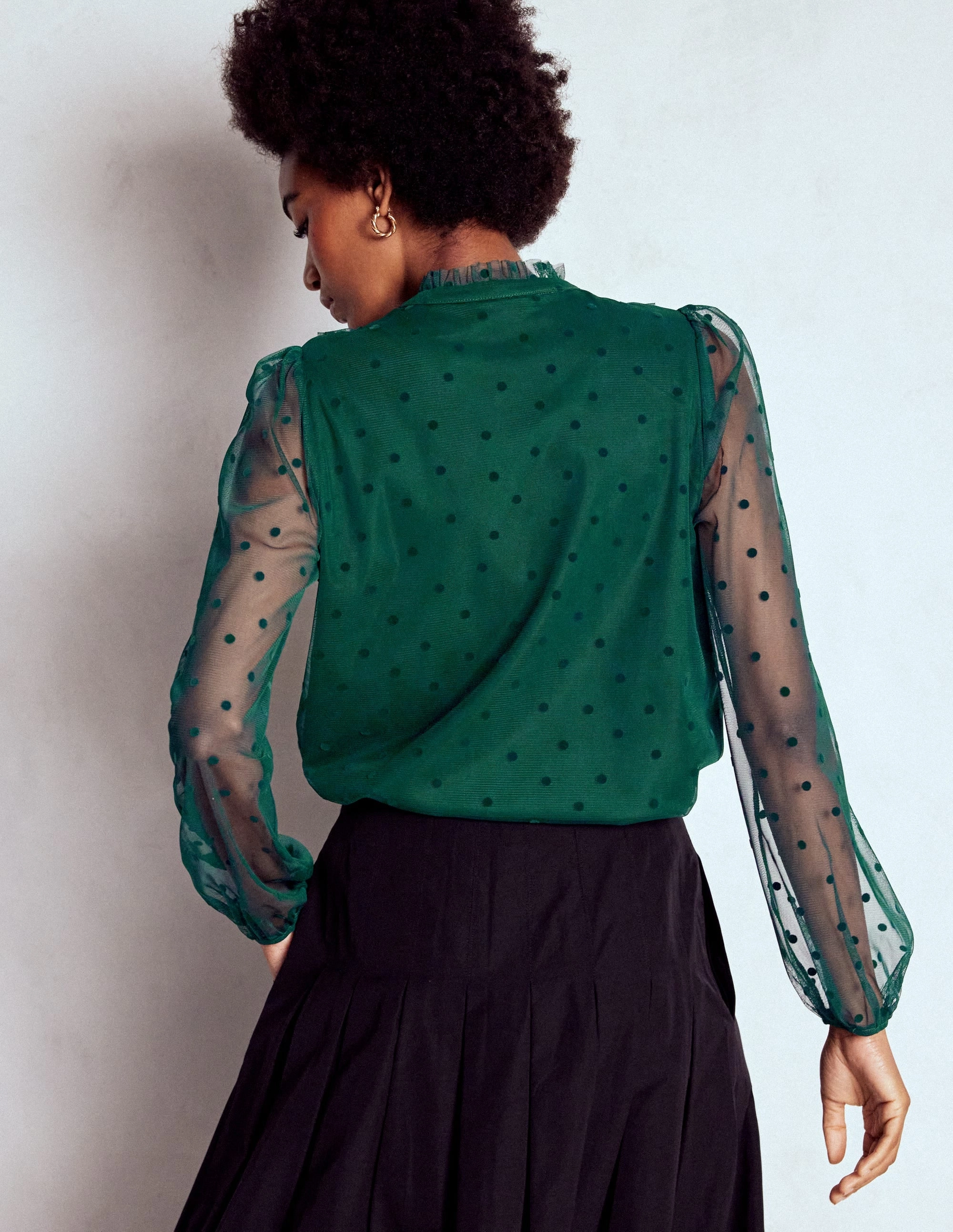 AdjustableDrawstring Frilled Tulle Blouse-Emerald Night