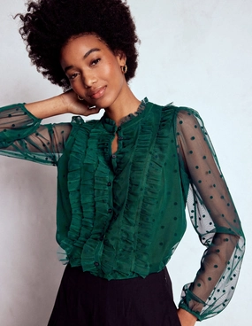 AntiPilling Erasable Surface Coating Frilled Tulle Blouse-Emerald Night