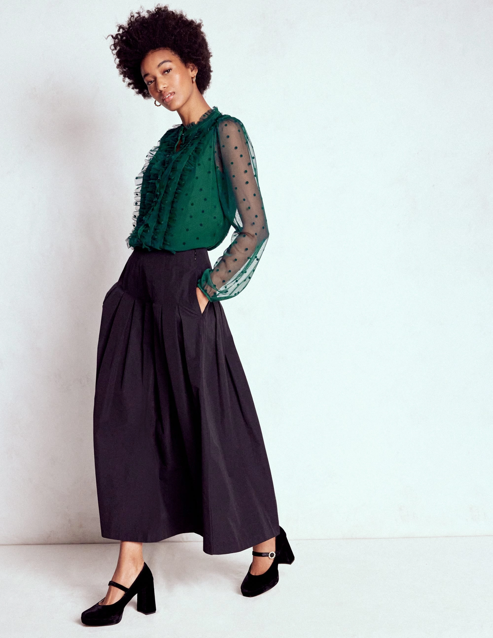 Frilled Tulle Blouse-Emerald Night ReinforcedShoulderConstruction