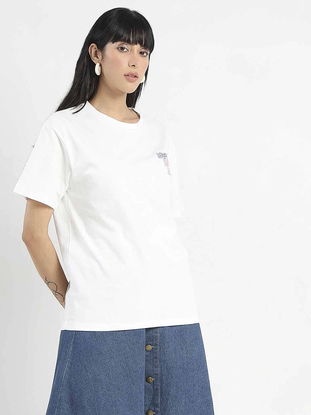 Madame Graphic Printed Round Neck White Sinker T-Shirt Loose fitting comfort