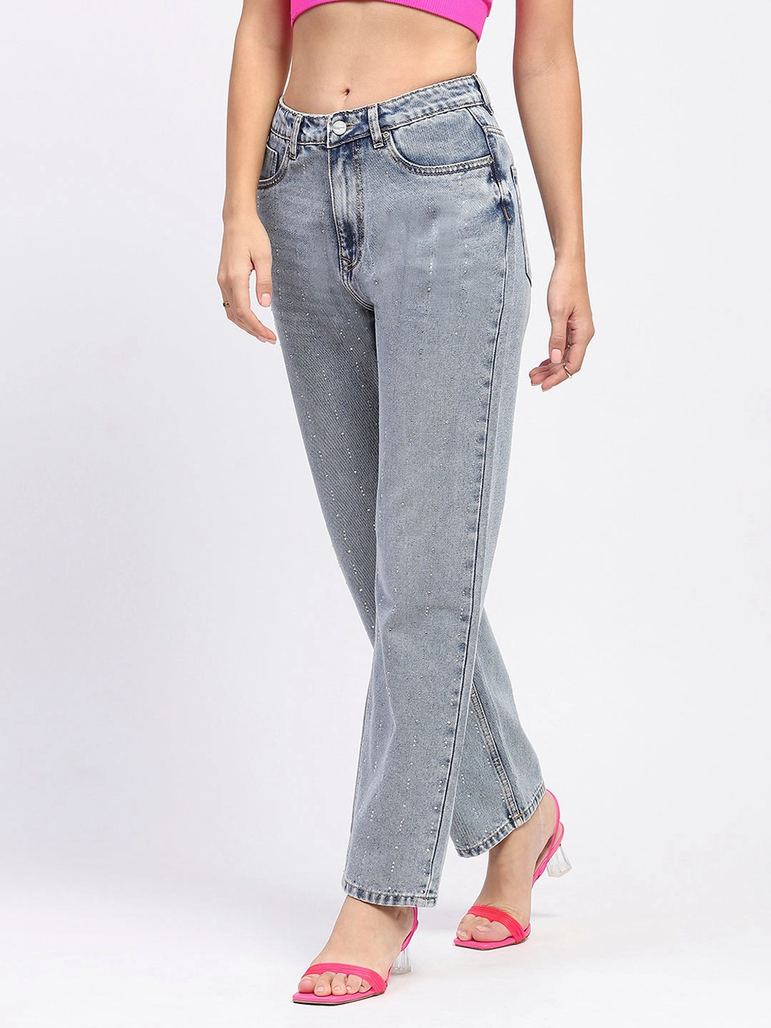 Neutral Autumn Days Madame Light Wash Embellished Light Blue Cotton Denim