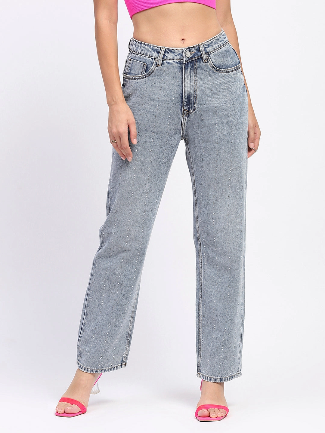 Comfortable Wear Madame Light Wash Embellished Light Blue Cotton Denim