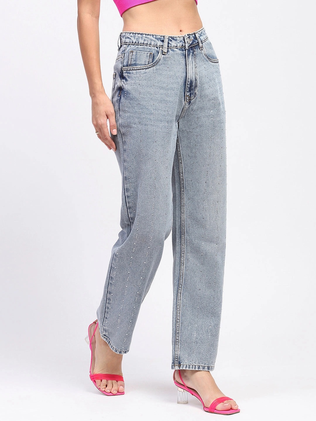 Home Comfort Teen Outfit Family Style Elegant Madame Light Wash Embellished Light Blue Cotton Denim