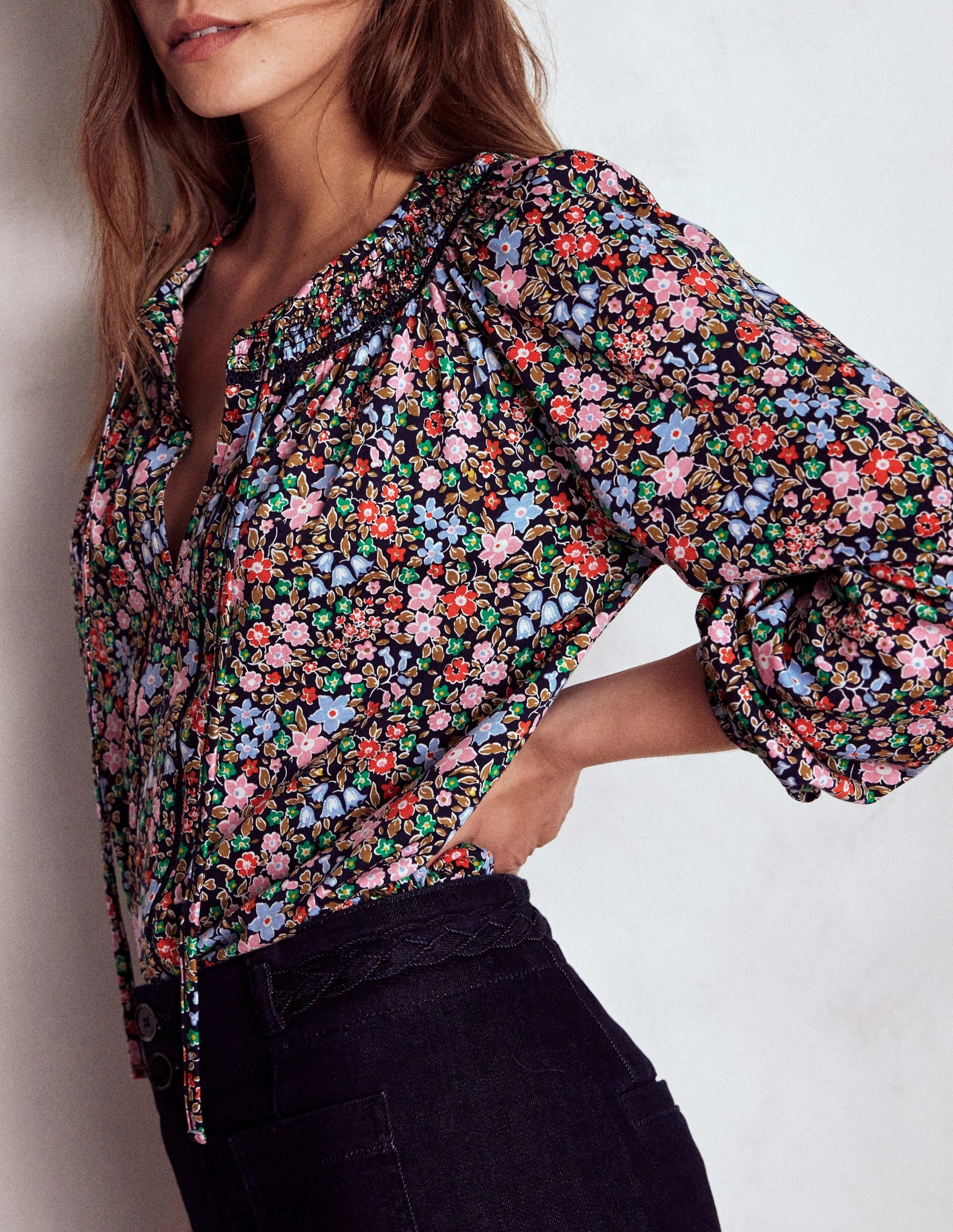 Georgia Smocked Jersey Top-Navy and Multi, Flowerbed Wear Resistant Edge