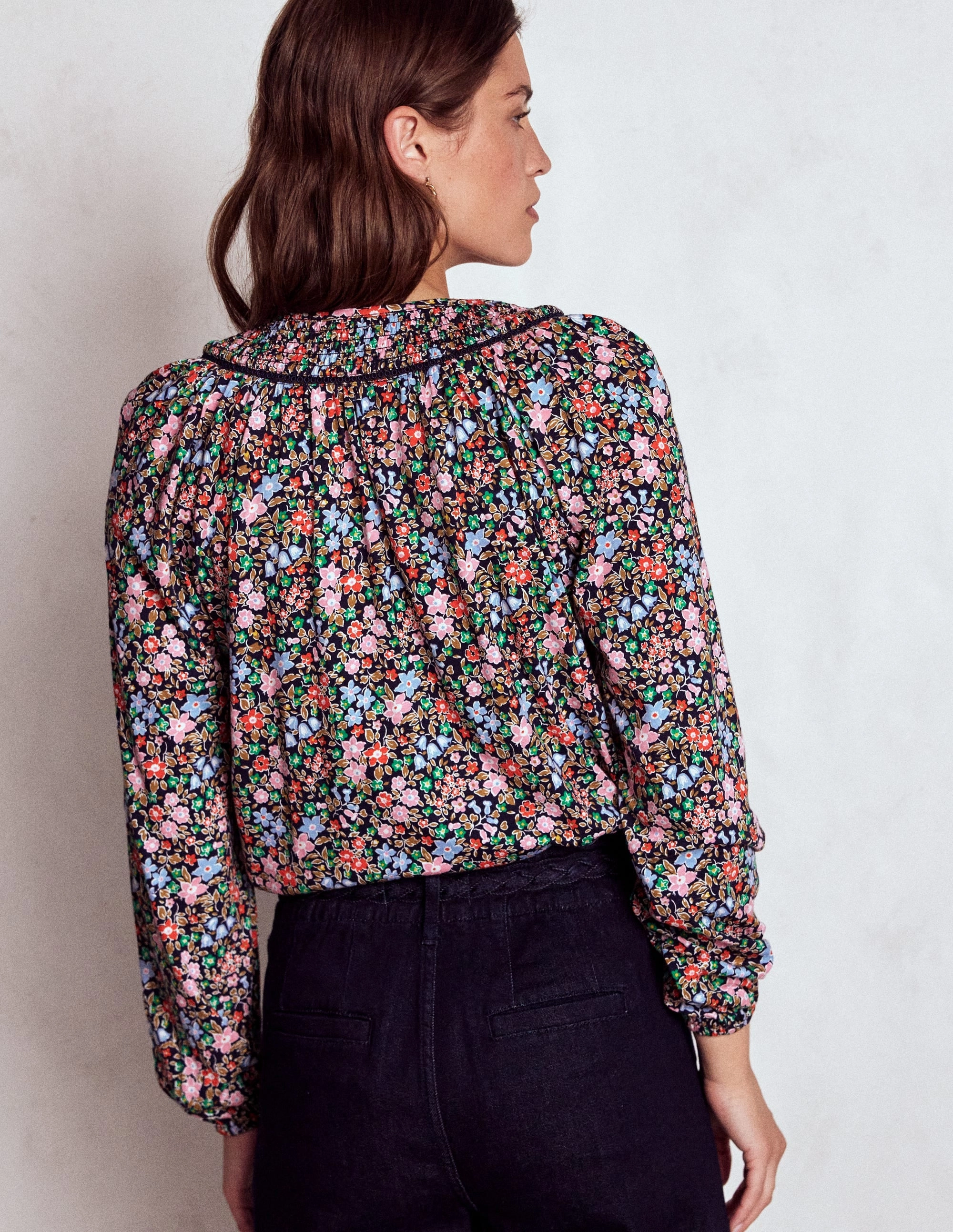 Georgia Smocked Jersey Top-Navy and Multi, Flowerbed Reversible Layering Tech