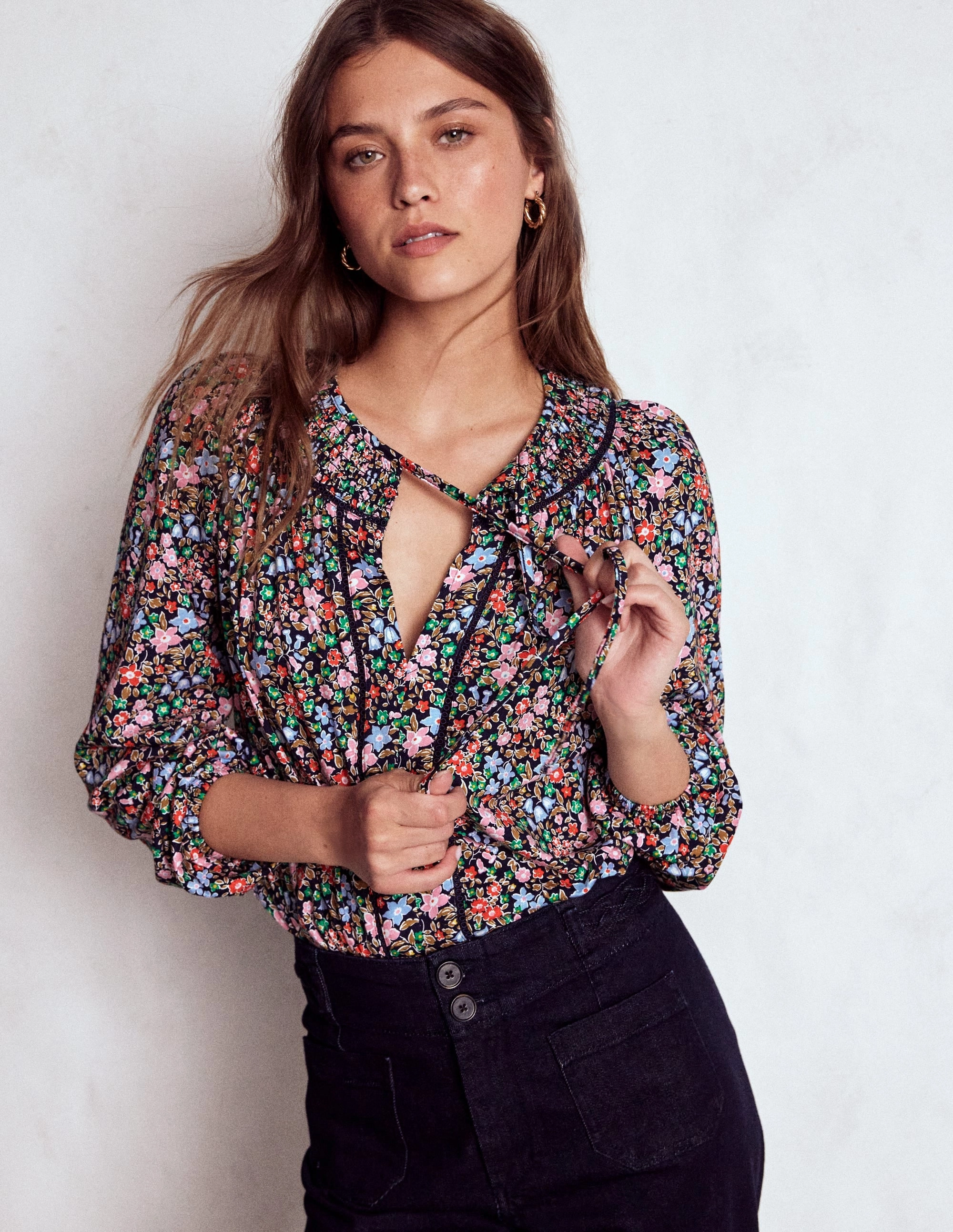 Reinforced Stress Points Warm Fabric Georgia Smocked Jersey Top-Navy and Multi, Flowerbed