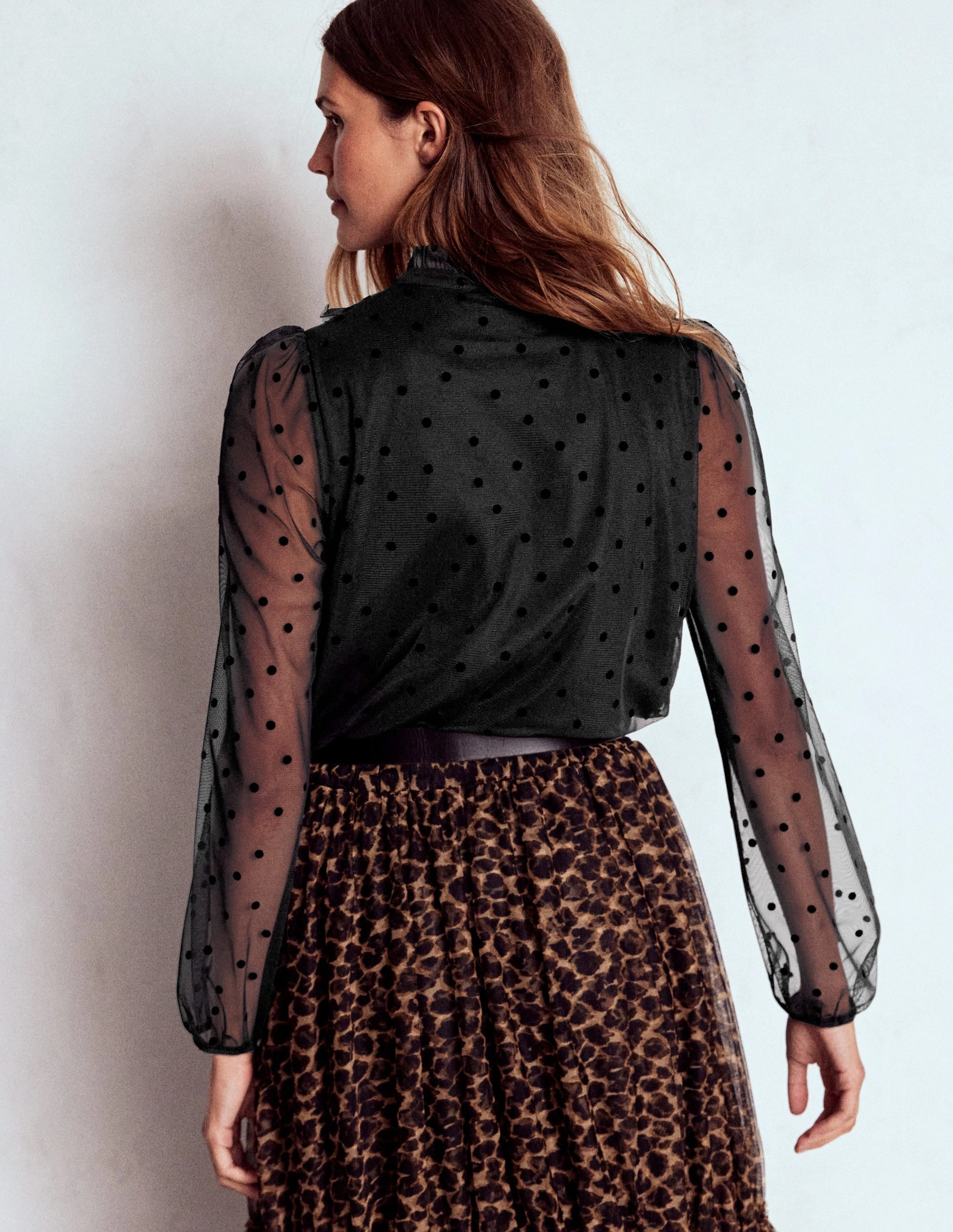 Neutral Tone Palette Office Wear Frilled Tulle Blouse-Black