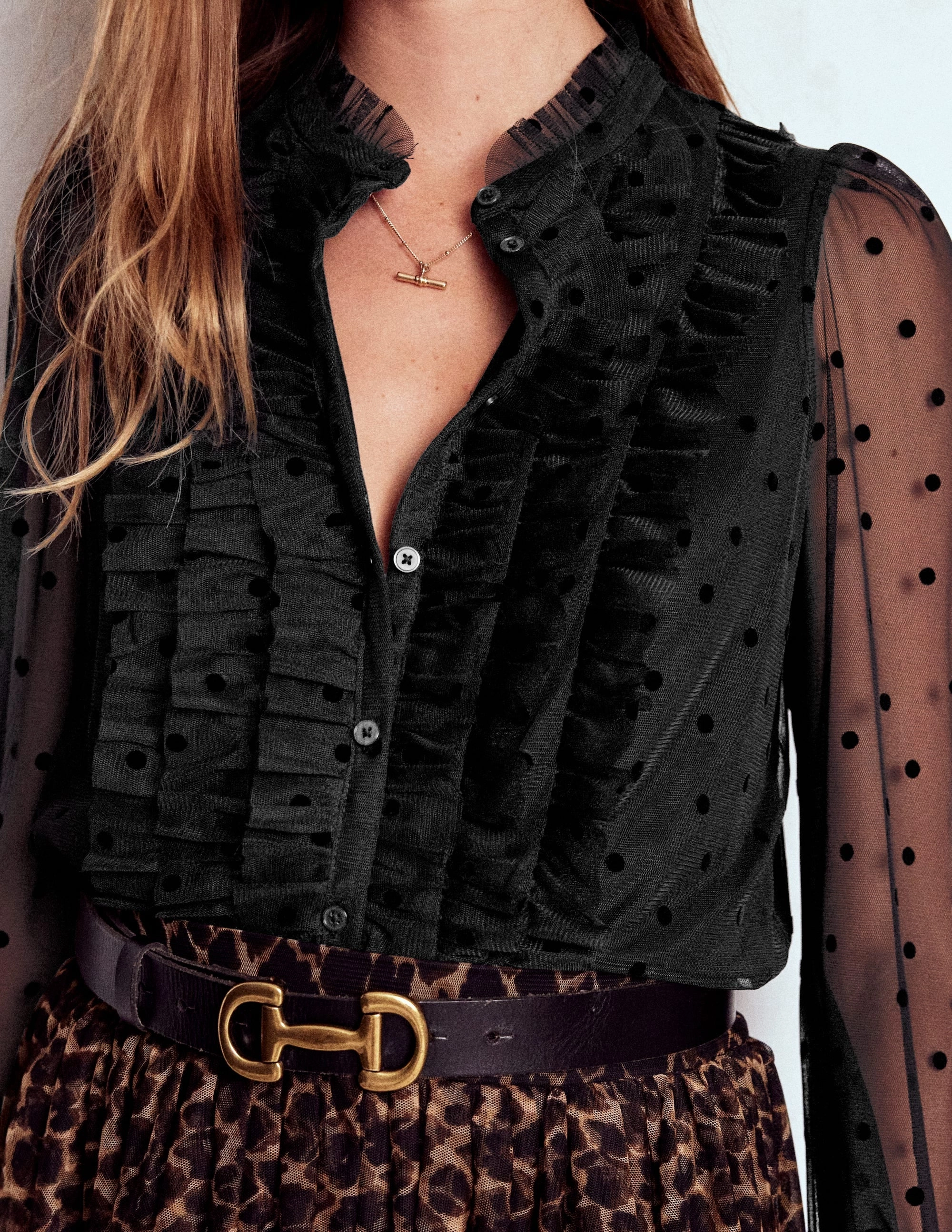 Reinforced Elbow Patches Frilled Tulle Blouse-Black