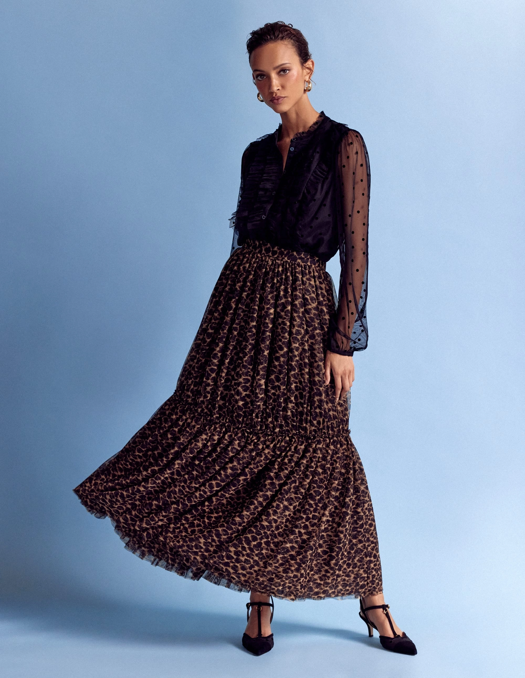 Frilled Tulle Blouse-Black HiddenPocket BreathableMeshInsert