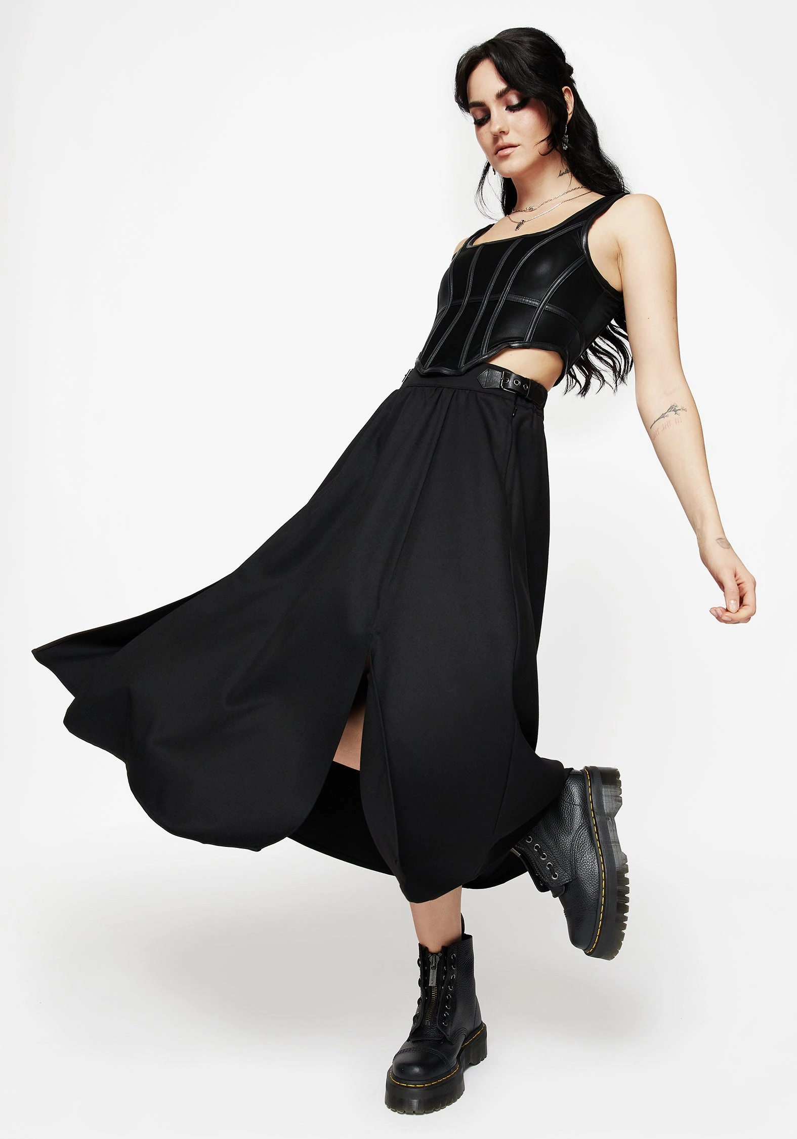 Nightingale Buckled Midi Skirt - Black Removable Belt